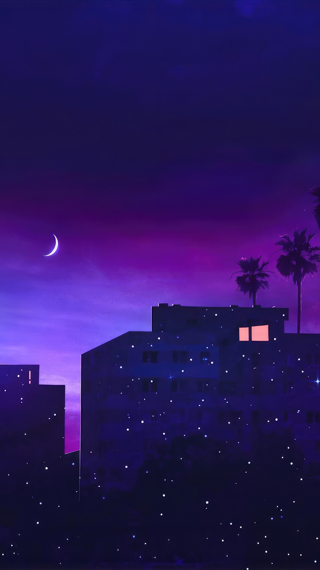 Synthwave cityscape with crescent moon and palm trees HD Phone Wallpaper