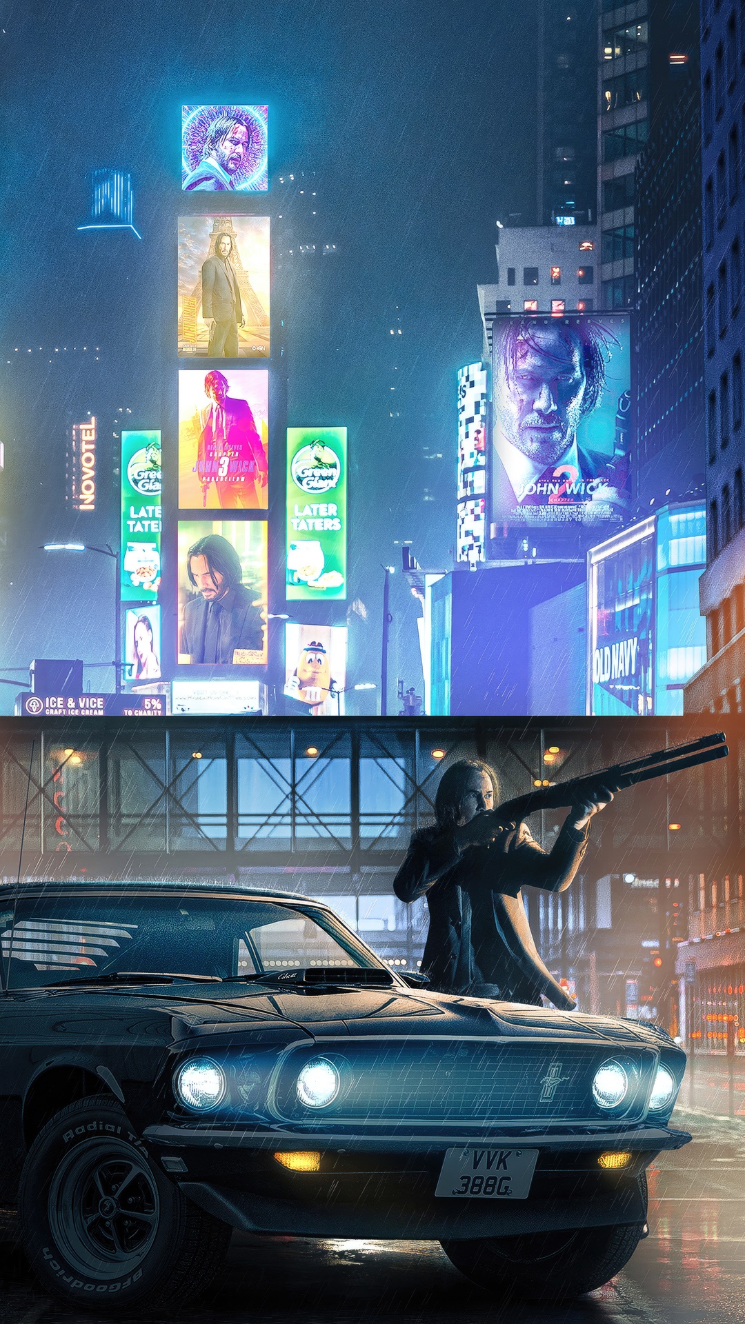 John Wick in a Rainy City with a Classic Car HD Phone Wallpaper
