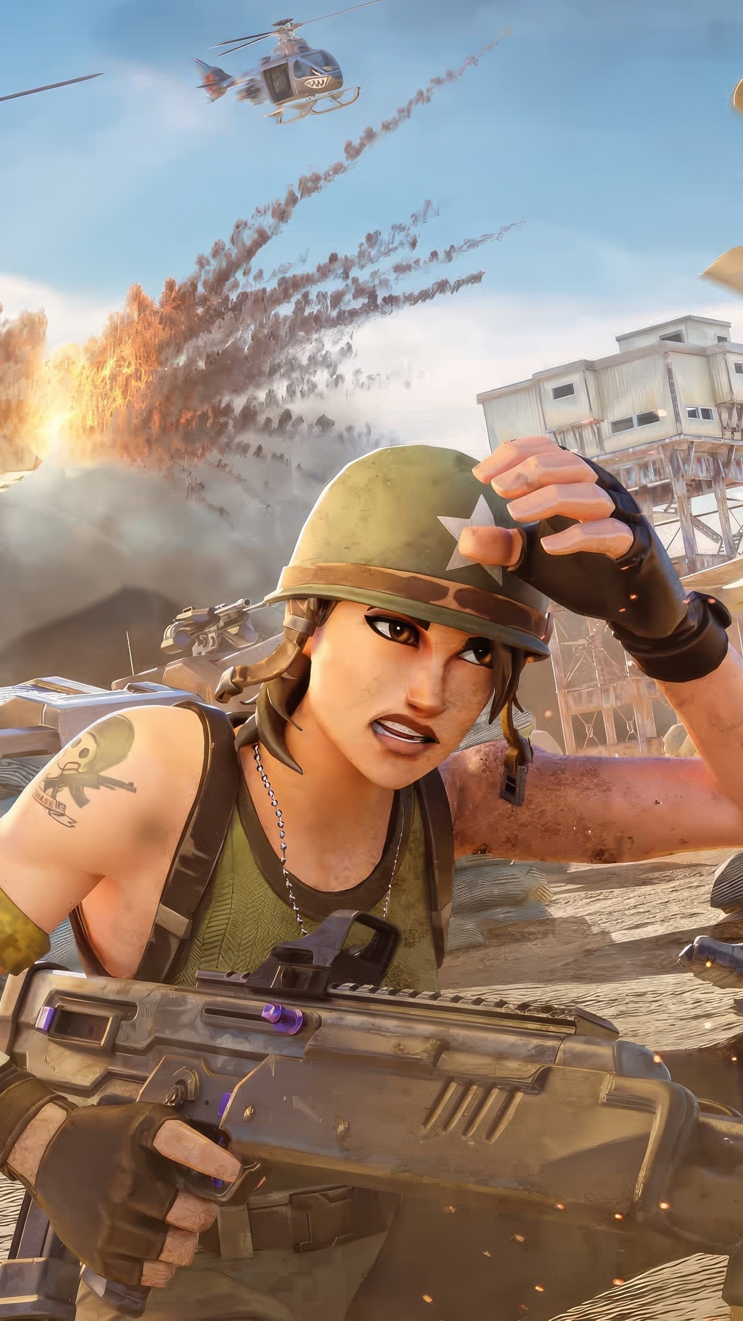 Fortnite soldier with rifle in combat HD Phone Wallpaper