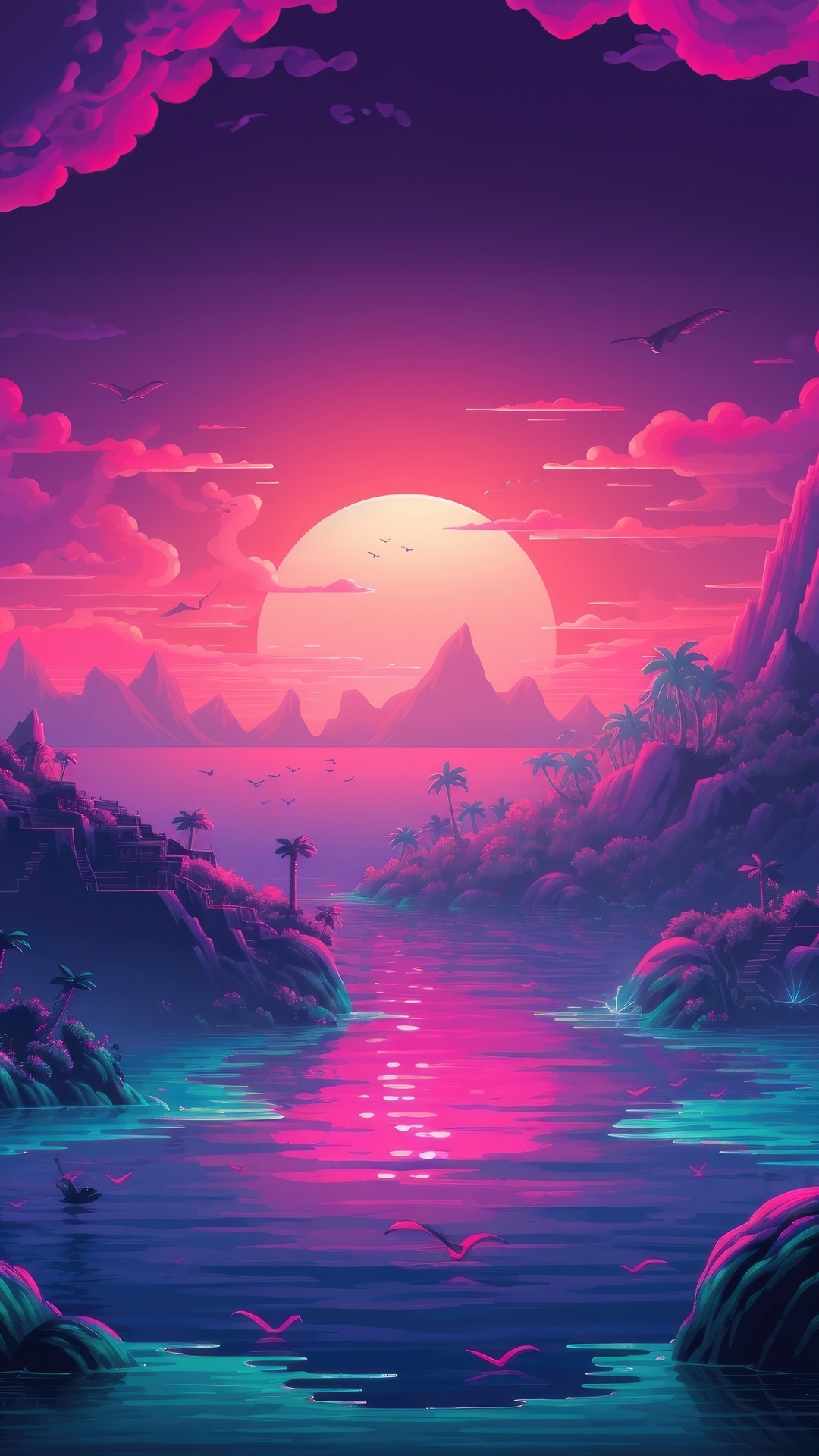 Synthwave sunset over a tropical island landscape HD Phone Wallpaper