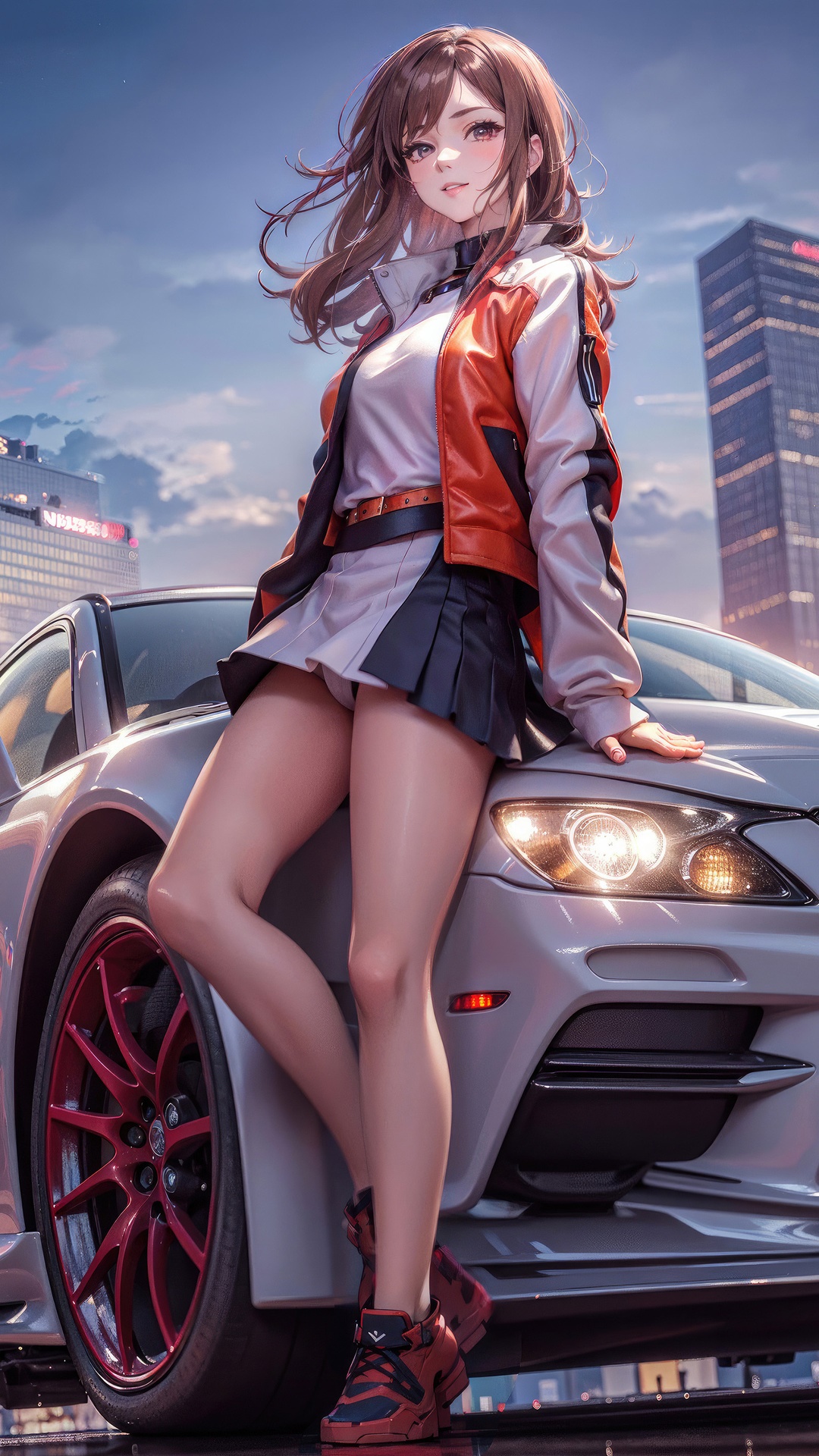 Anime girl in racing outfit leaning on a sports car HD Phone Wallpaper