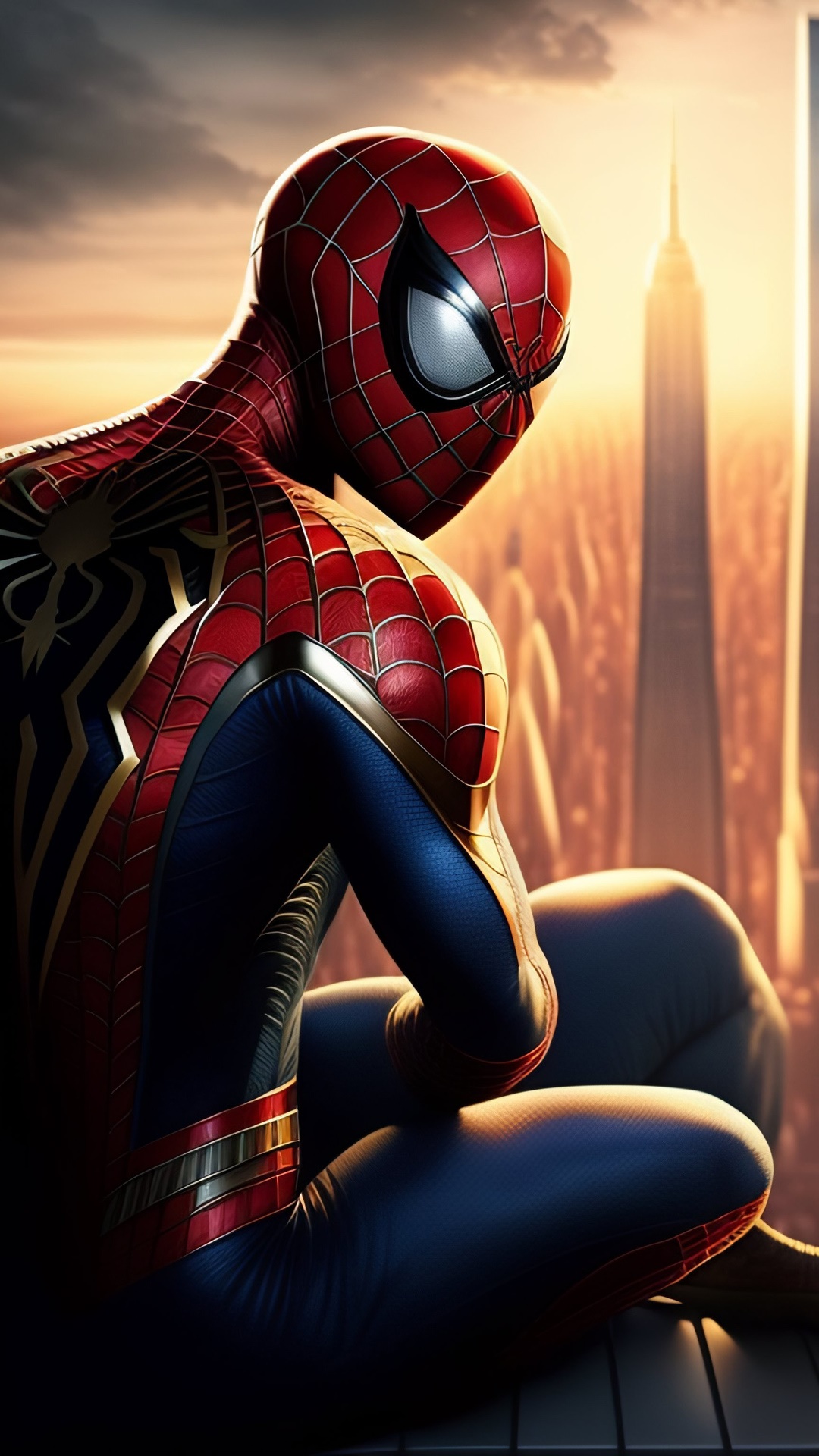 Spiderman sitting on a ledge overlooking a city at sunset HD Phone Wallpaper