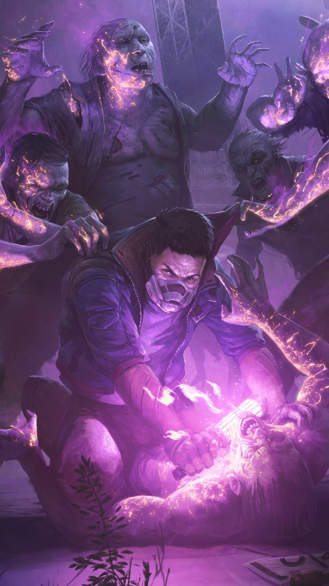 Dying Light 2: A man fights zombies with purple energy HD Phone Wallpaper
