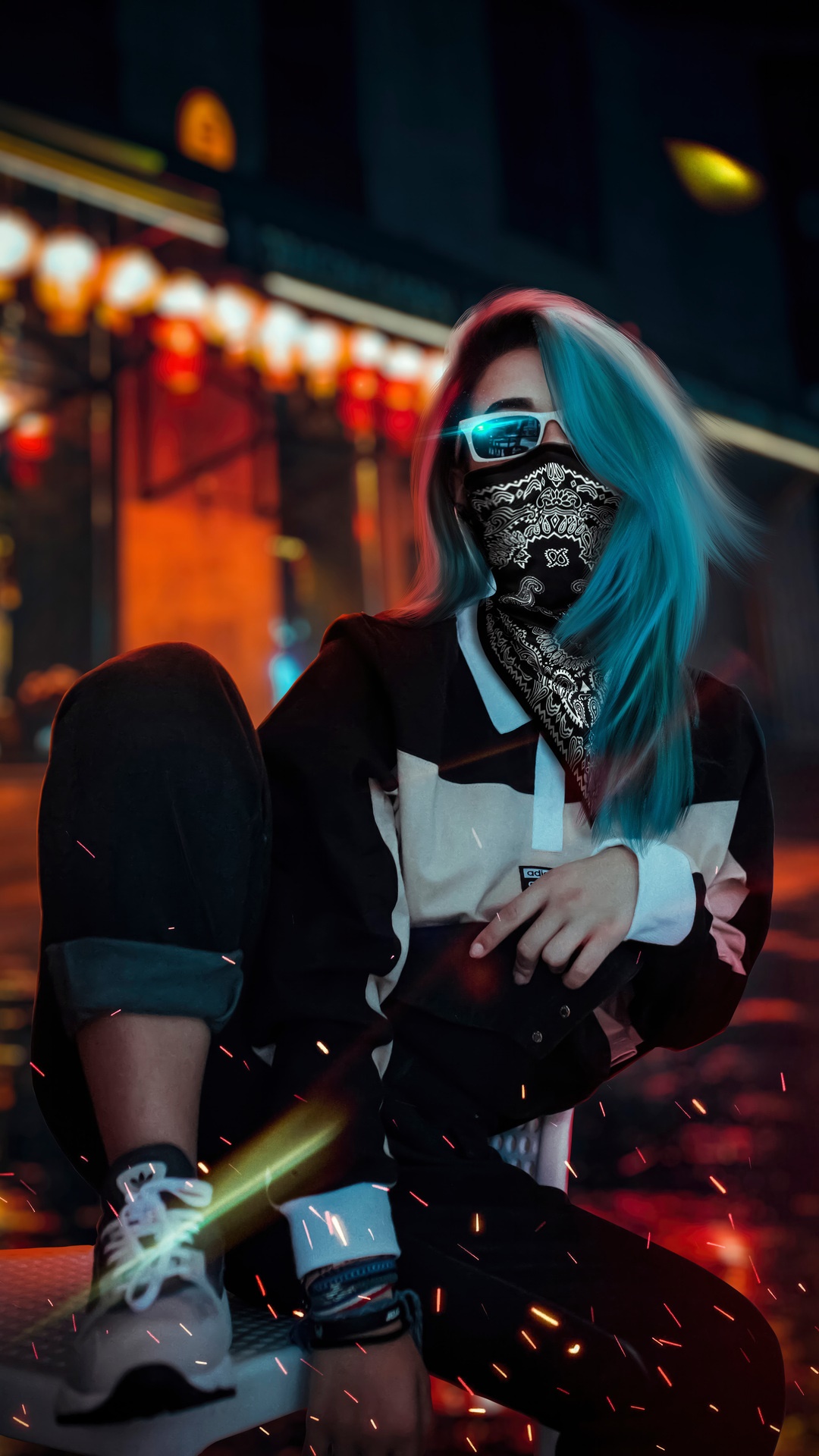 Woman with blue hair and bandana wearing sunglasses HD Phone Wallpaper