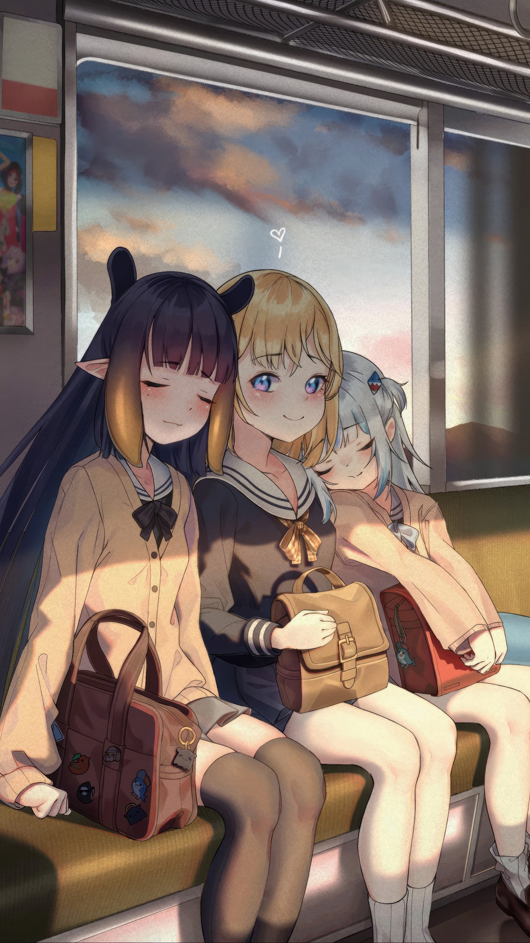 Anime girls on a train at sunset HD Phone Wallpaper