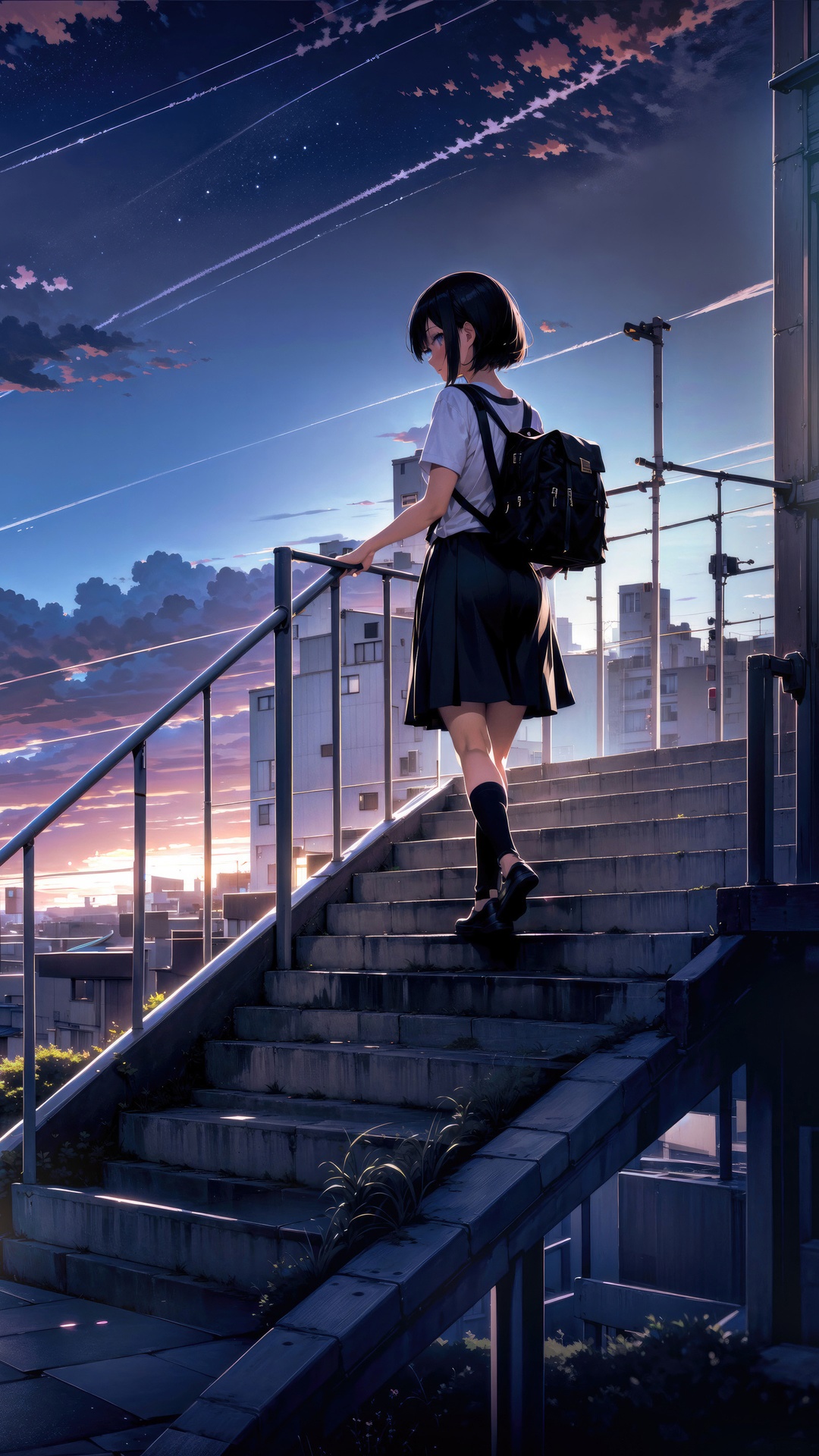 Anime girl with backpack on stairs at sunset HD Phone Wallpaper