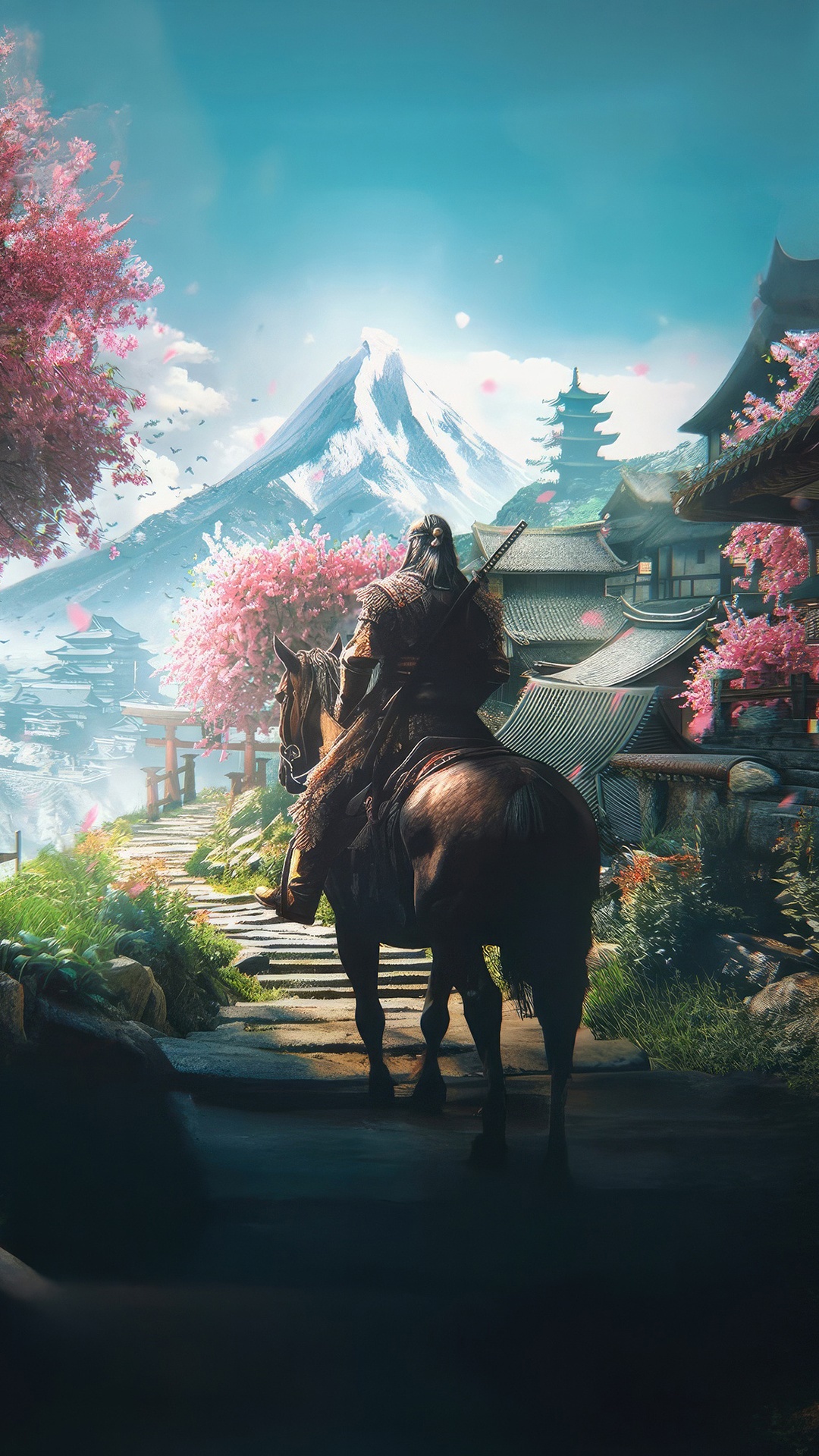 Samurai on horseback in a Japanese village HD Phone Wallpaper