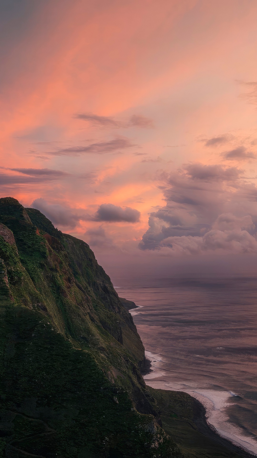 Coastal cliffs at sunset with pink clouds HD Phone Wallpaper