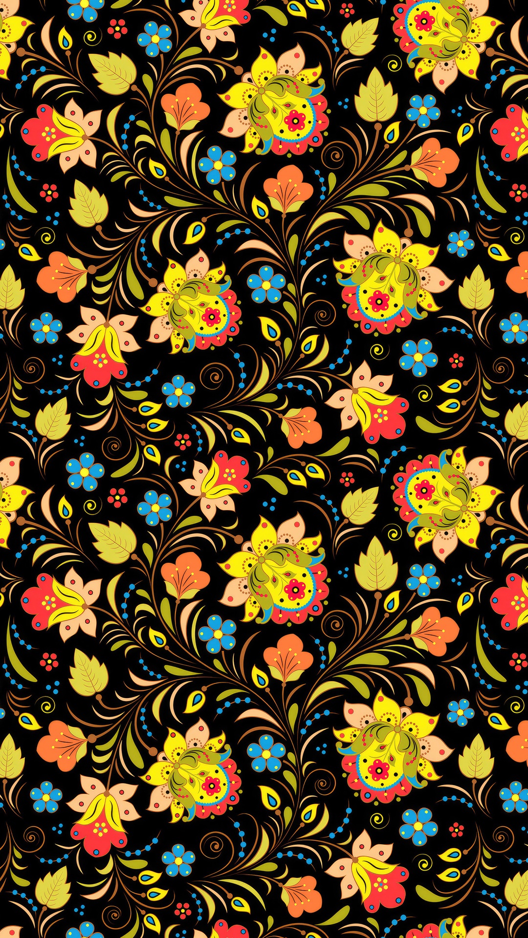 Khokhloma floral pattern on black background HD Phone Wallpaper