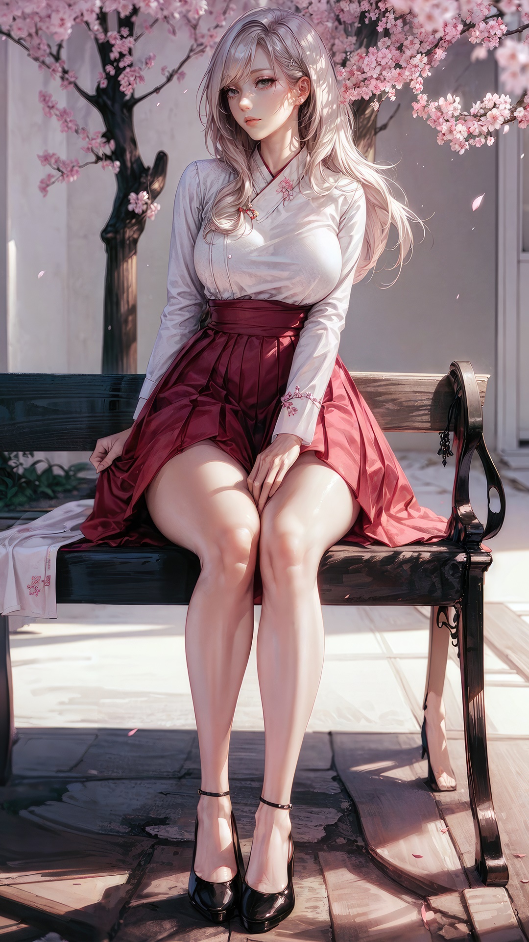 Anime girl in white shirt and red skirt sitting on bench HD Phone Wallpaper