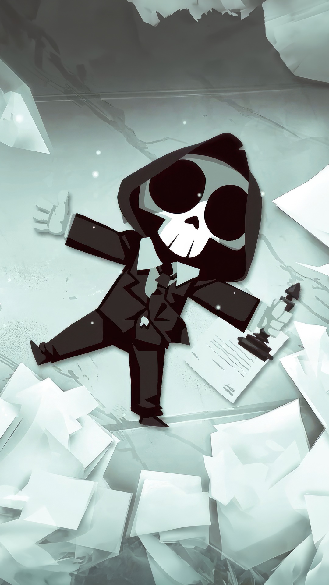 Have a Nice Death character in suit with papers HD Phone Wallpaper