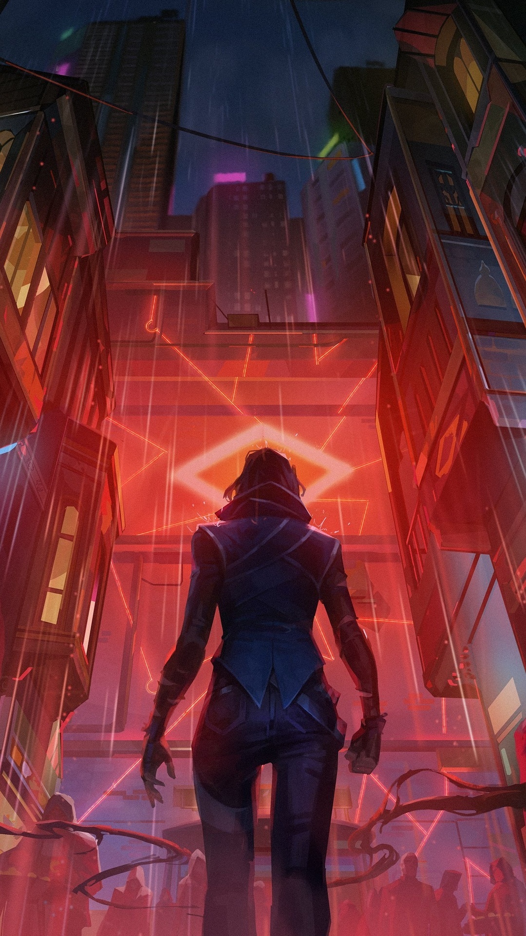 Valorant character in a neon-lit city HD Phone Wallpaper