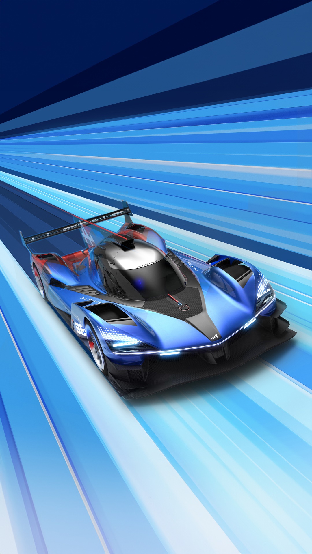 Alpine A424 race car speeding on a blue track HD Phone Wallpaper