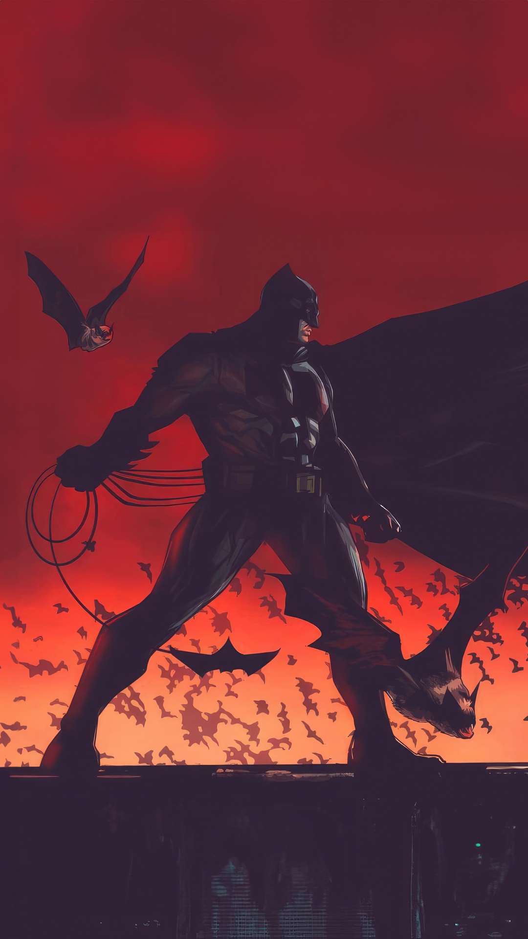 Batman standing with bats against a red sky HD Phone Wallpaper