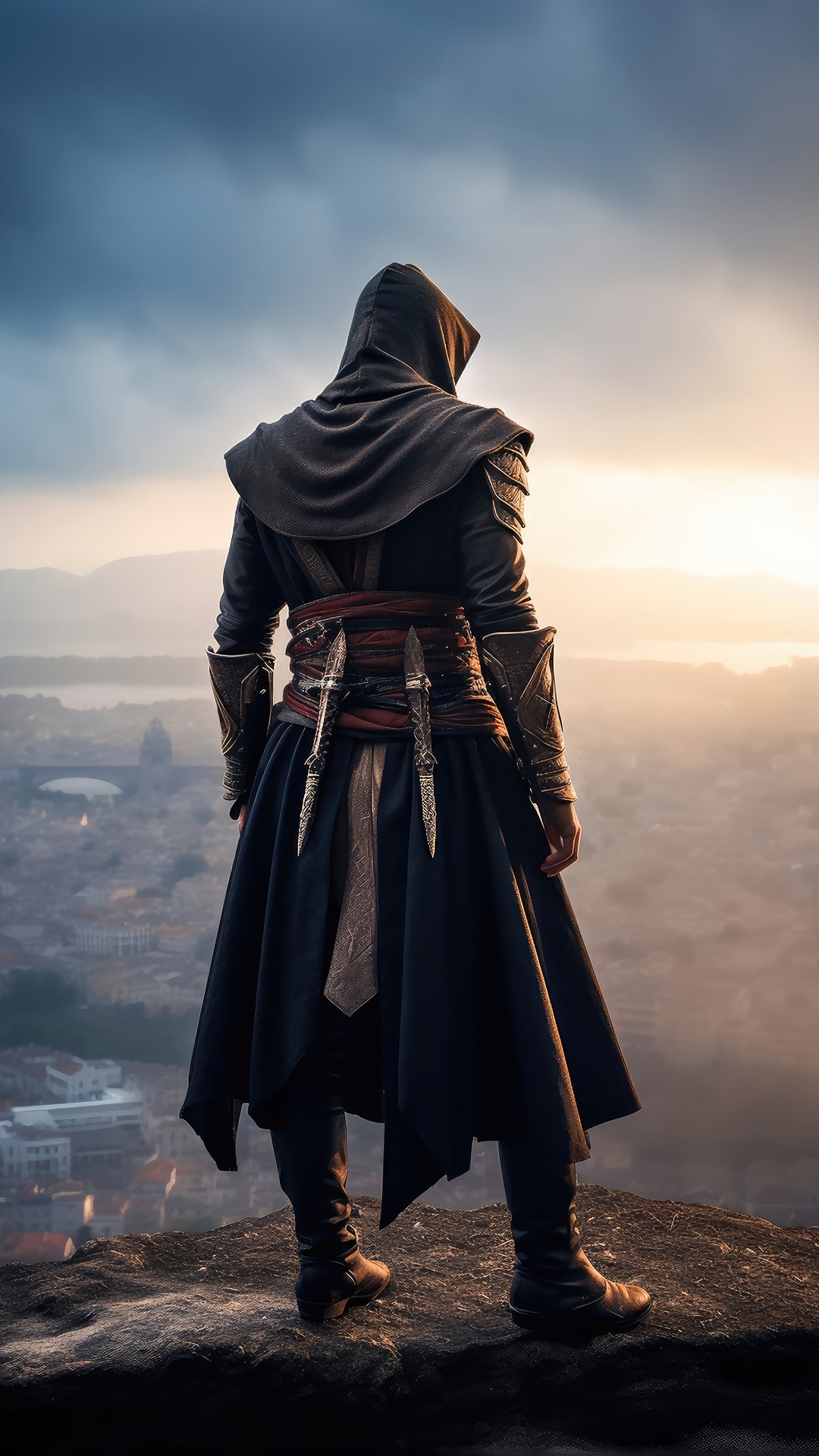 Assassin's Creed character overlooking a city HD Phone Wallpaper