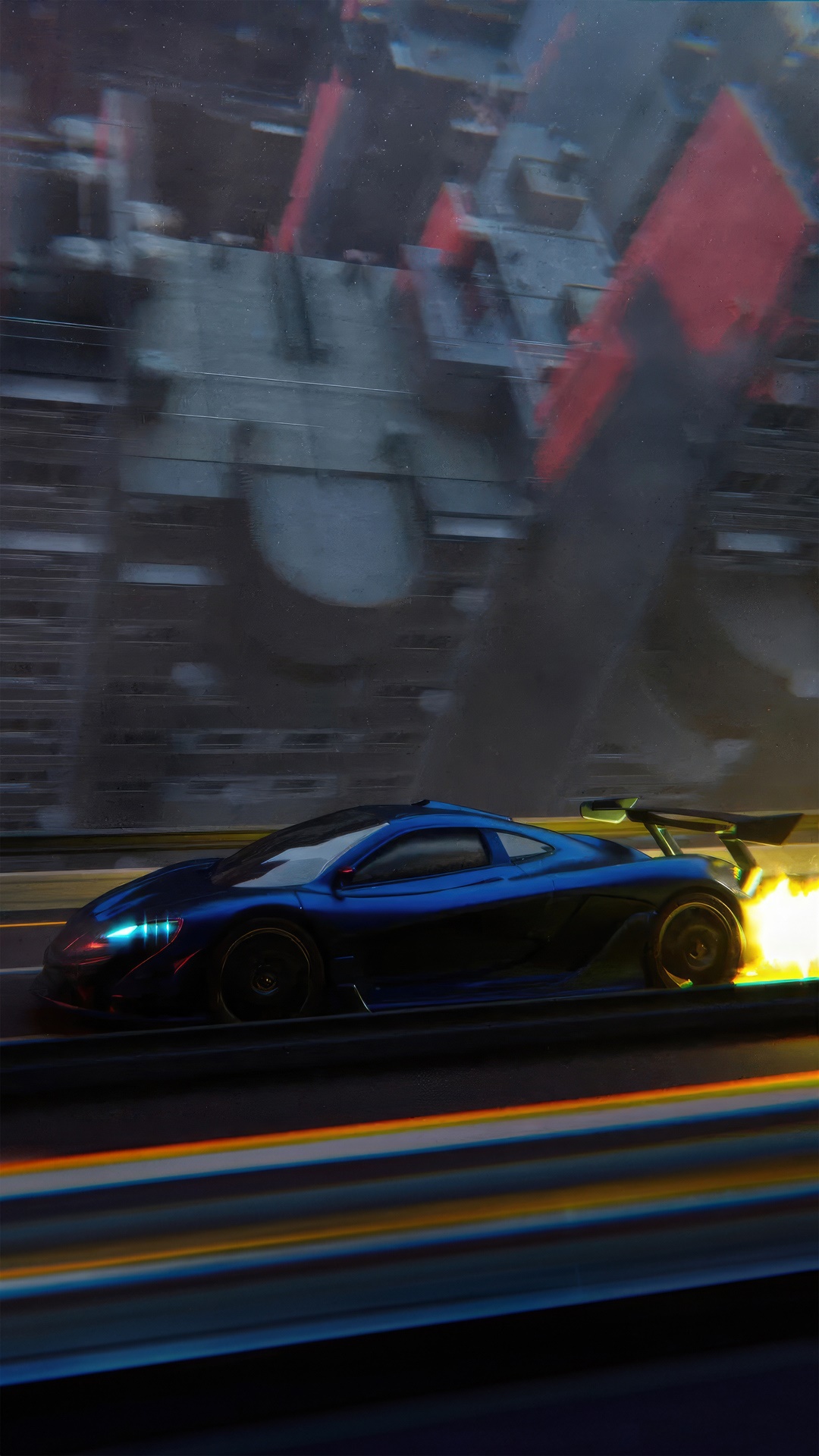 Blue Sports Car Speeding Through City HD Phone Wallpaper