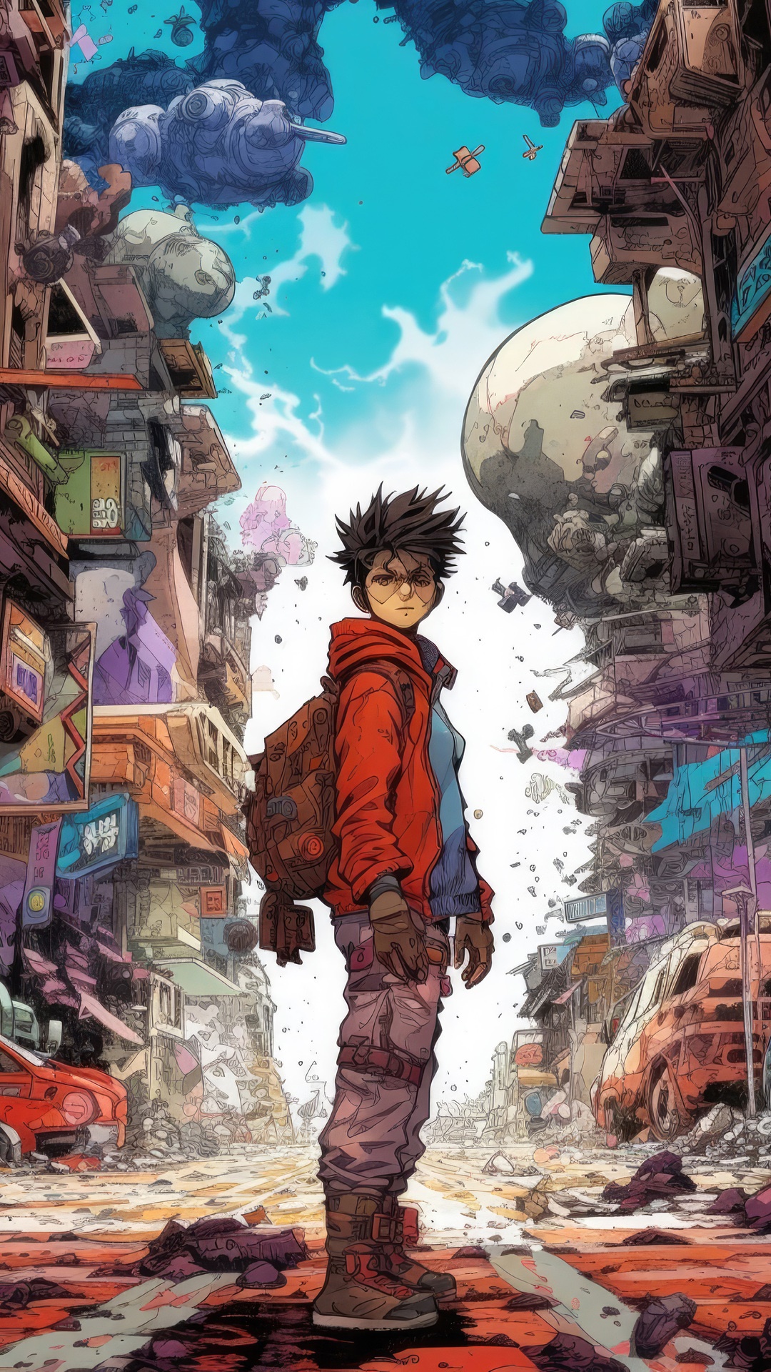 Young person with backpack in a ruined city HD Phone Wallpaper