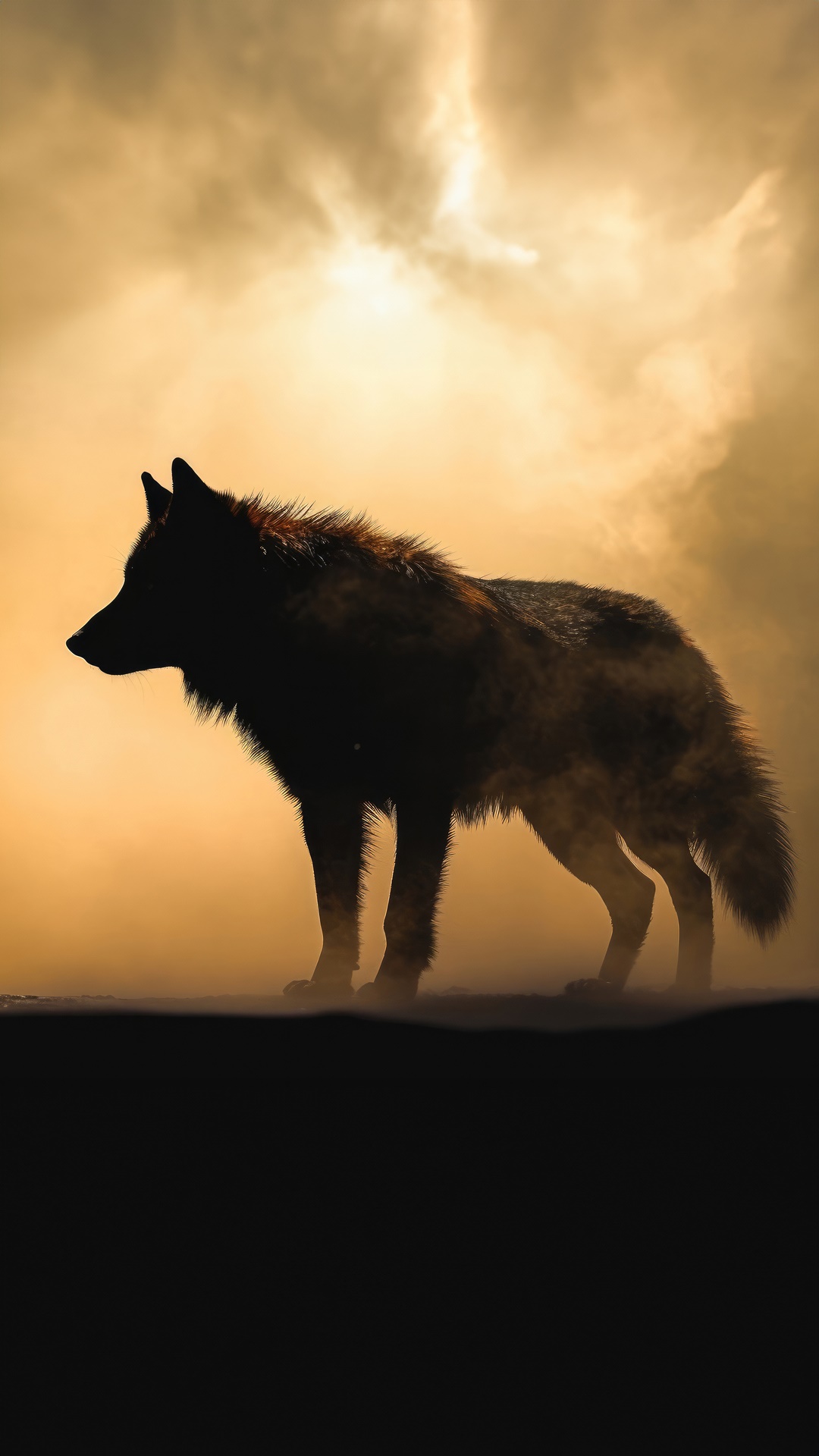 Silhouette of a wolf in smoky sunlight HD Phone Wallpaper