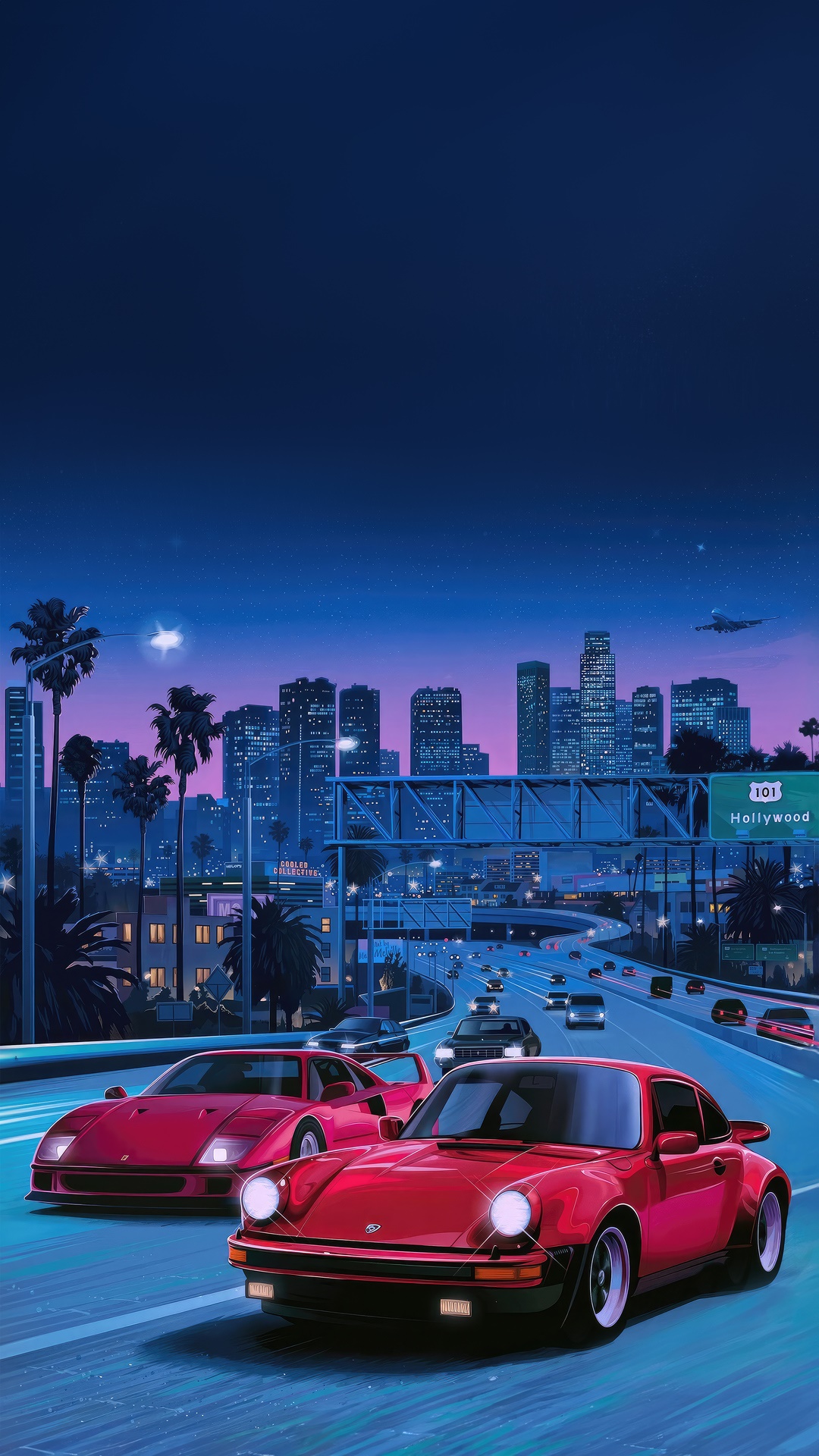 Red Porsche and Ferrari on Hollywood Highway at Night HD Phone Wallpaper
