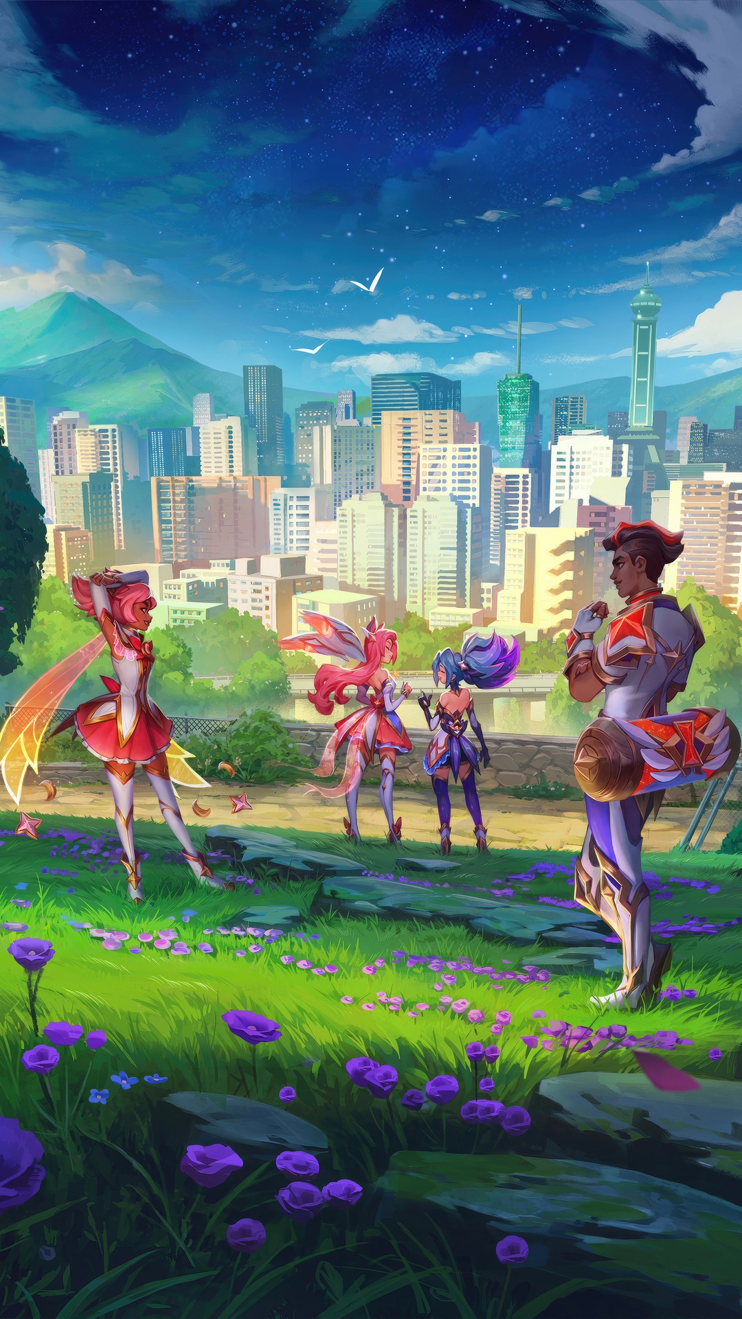 League of Legends Star Guardians in a City Park HD Phone Wallpaper