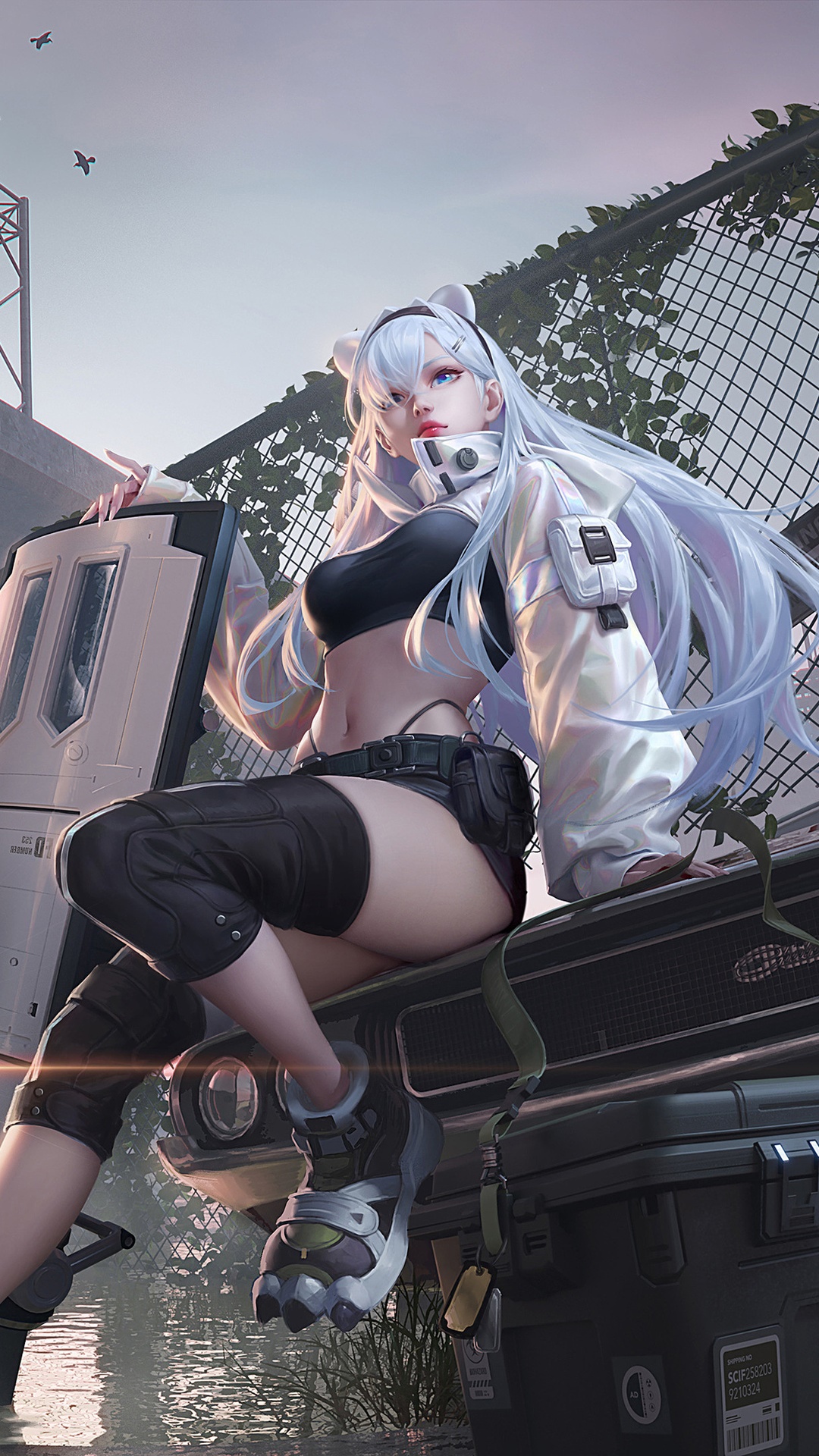 Anime girl with white hair and cat ears HD Phone Wallpaper