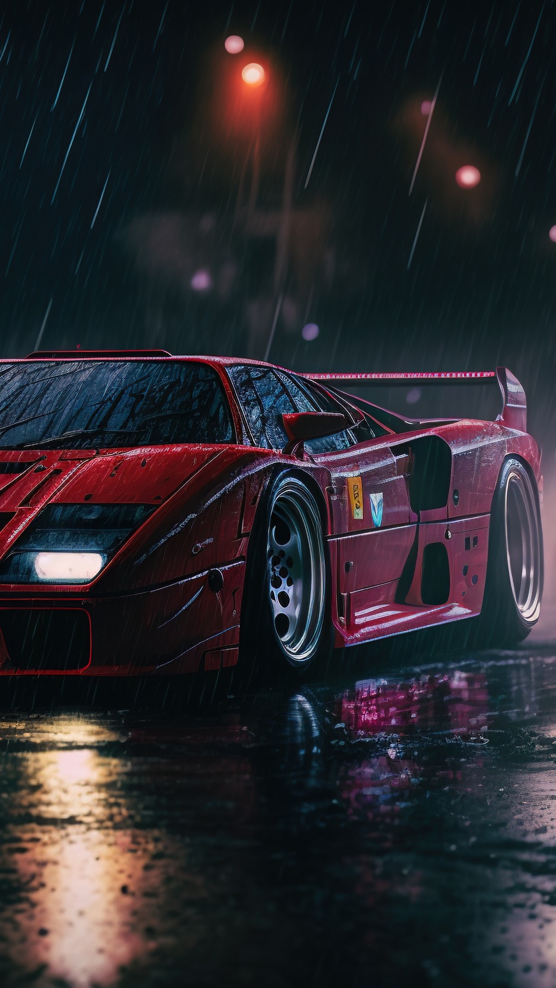 Red Ferrari F40 in the rain 4K HD Phone Wallpaper