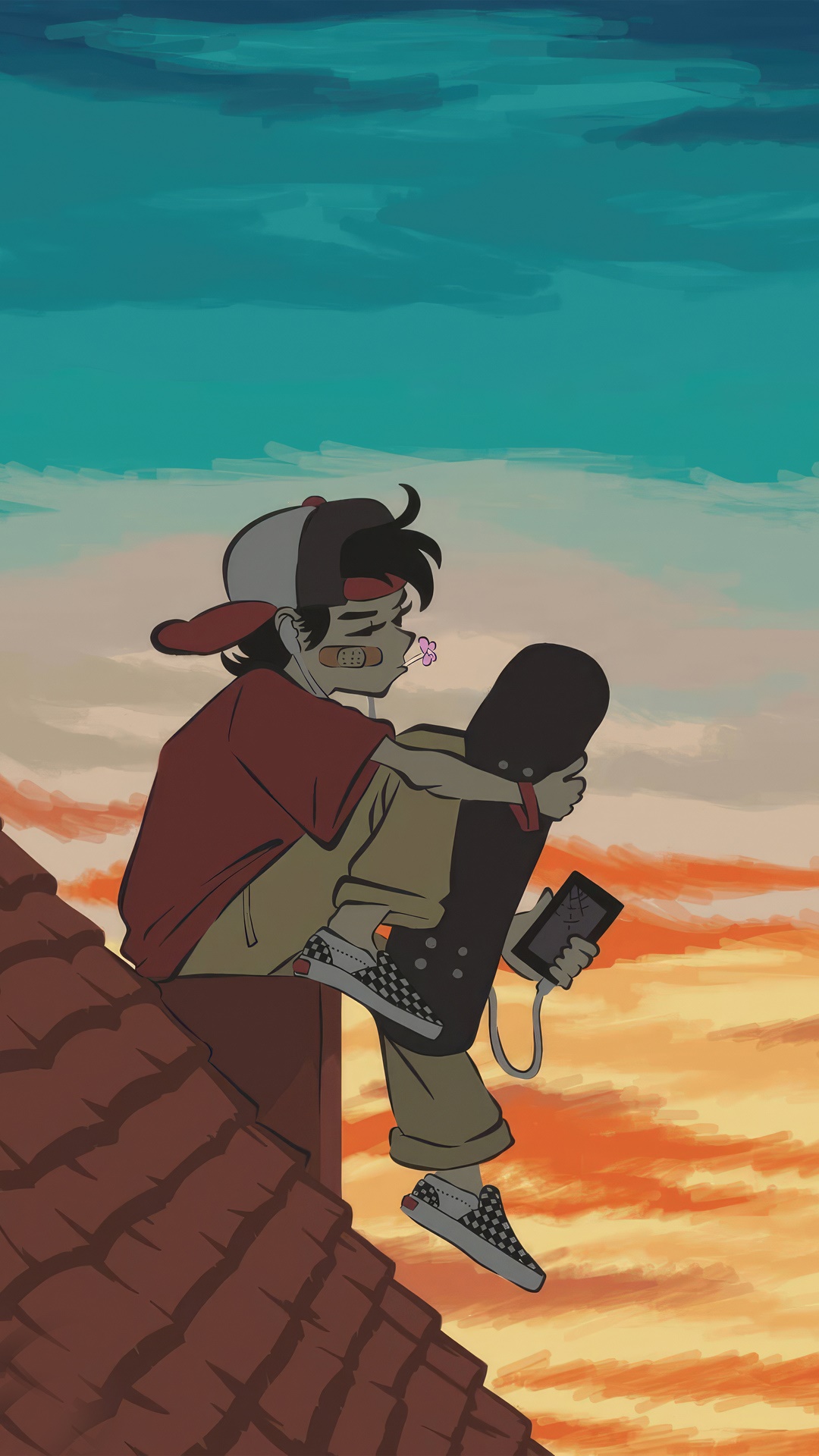 Artwork of a person with a skateboard on a roof HD Phone Wallpaper
