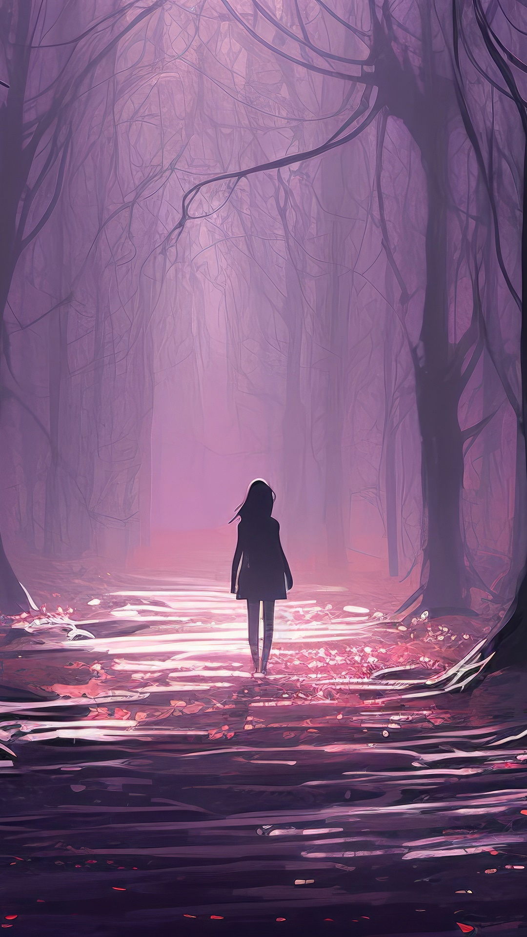 Anime girl walking alone in a purple forest HD Phone Wallpaper