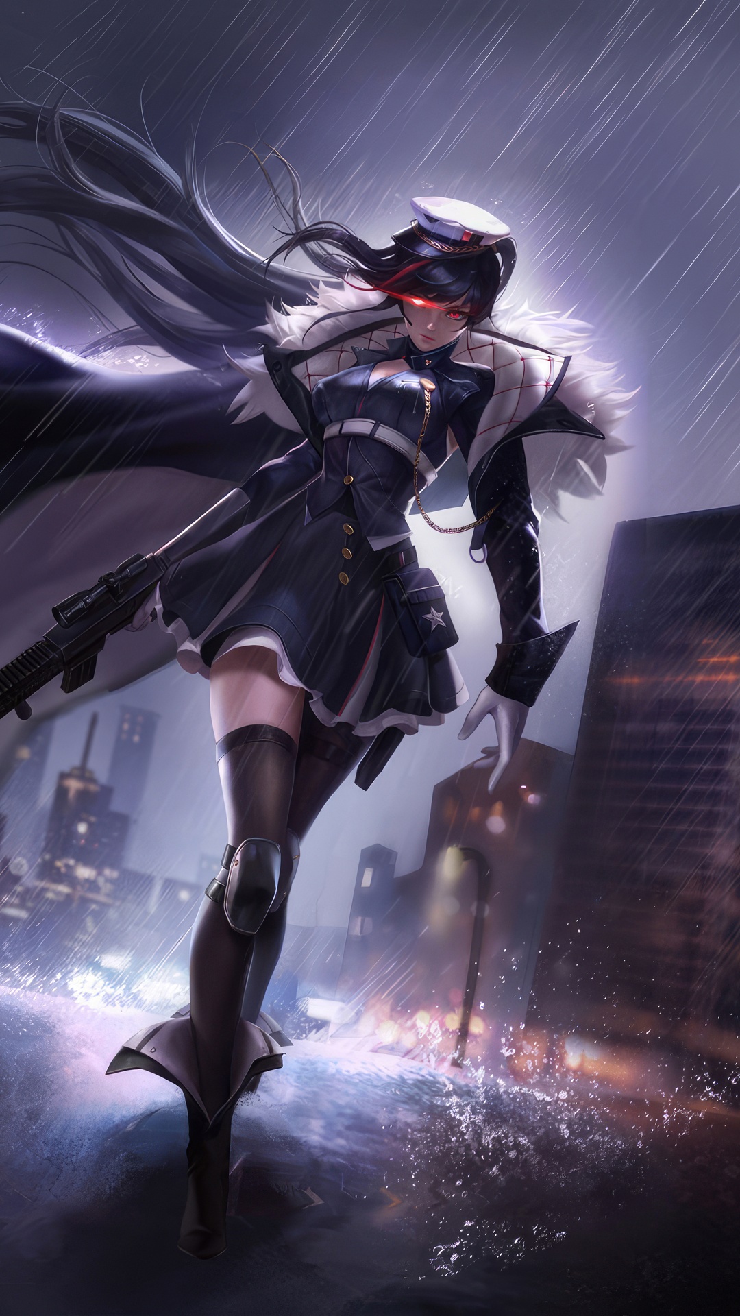 Anime Girl with Rifle in Rainy City HD Phone Wallpaper