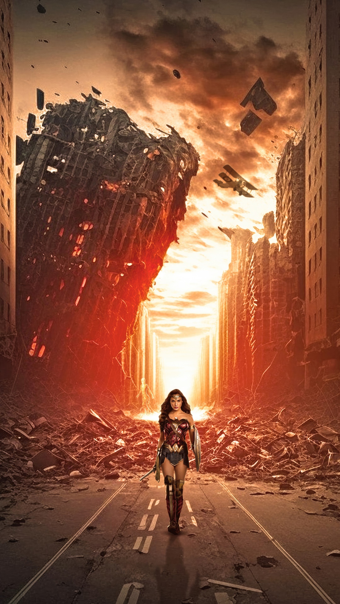 Wonder Woman in a destroyed city HD Phone Wallpaper