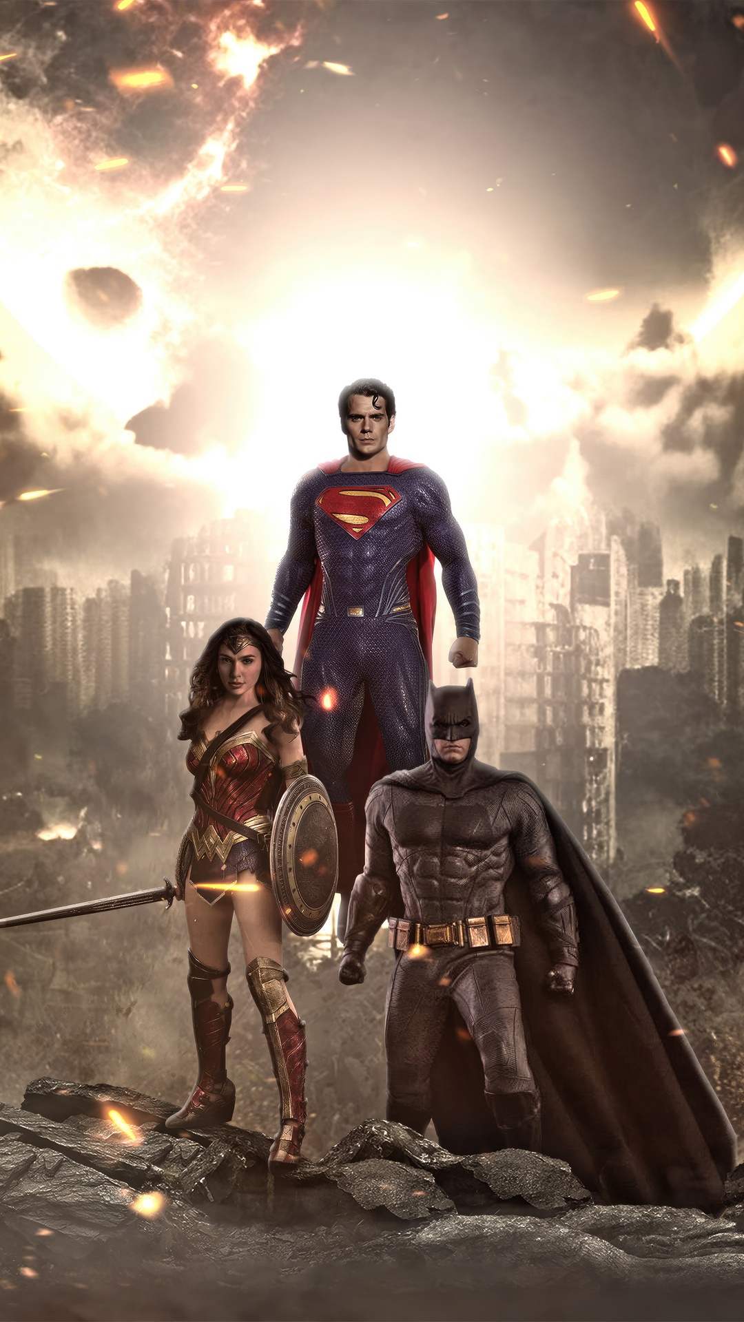 Superman, Batman, and Wonder Woman in a ruined city HD Phone Wallpaper