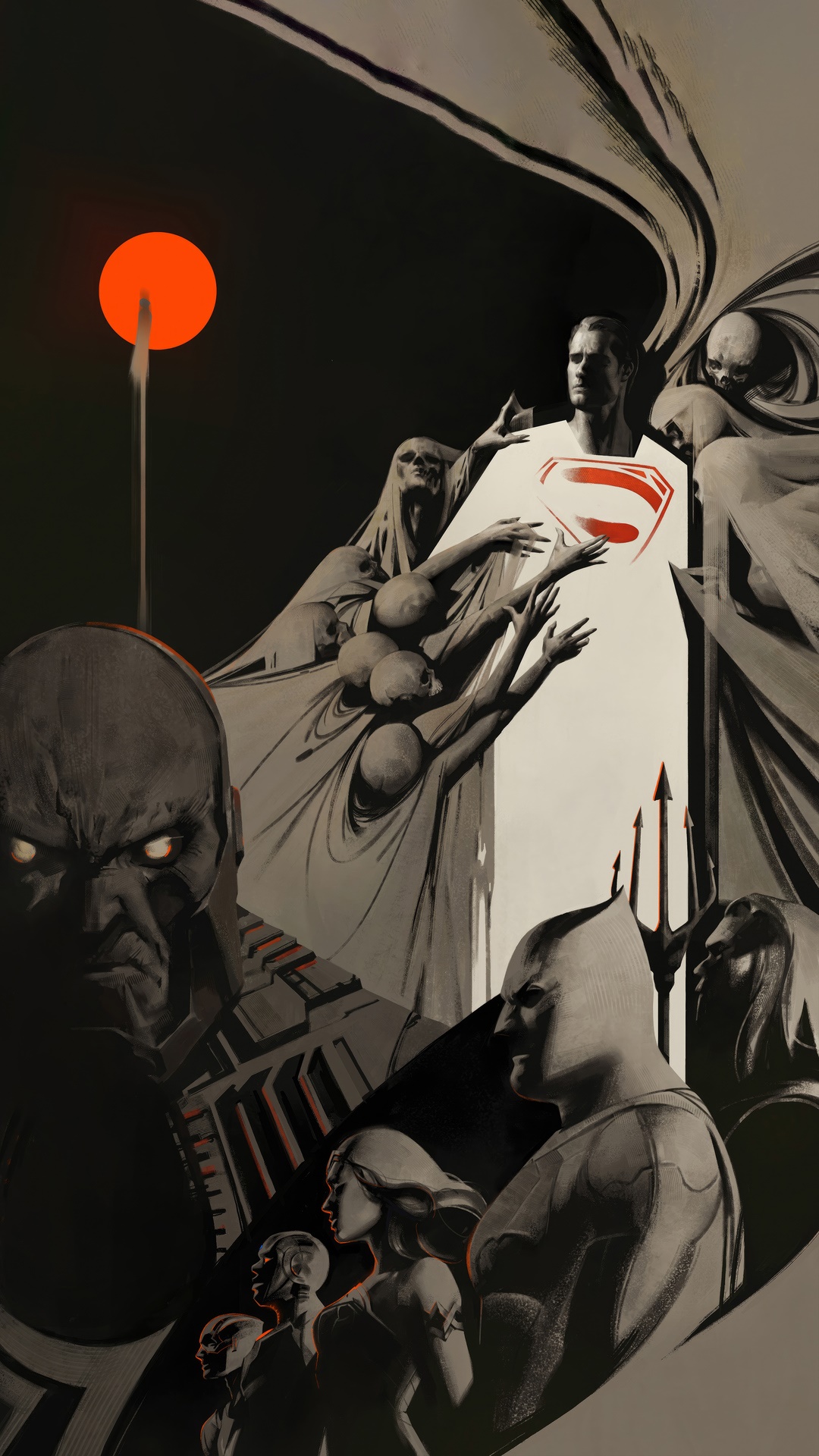 Superman and Darkseid with spectral figures HD Phone Wallpaper