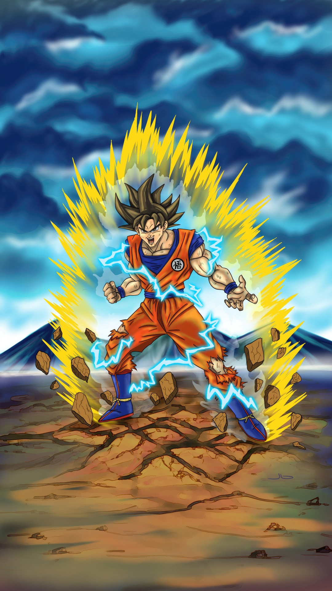 Goku powering up with yellow aura and lightning HD Phone Wallpaper
