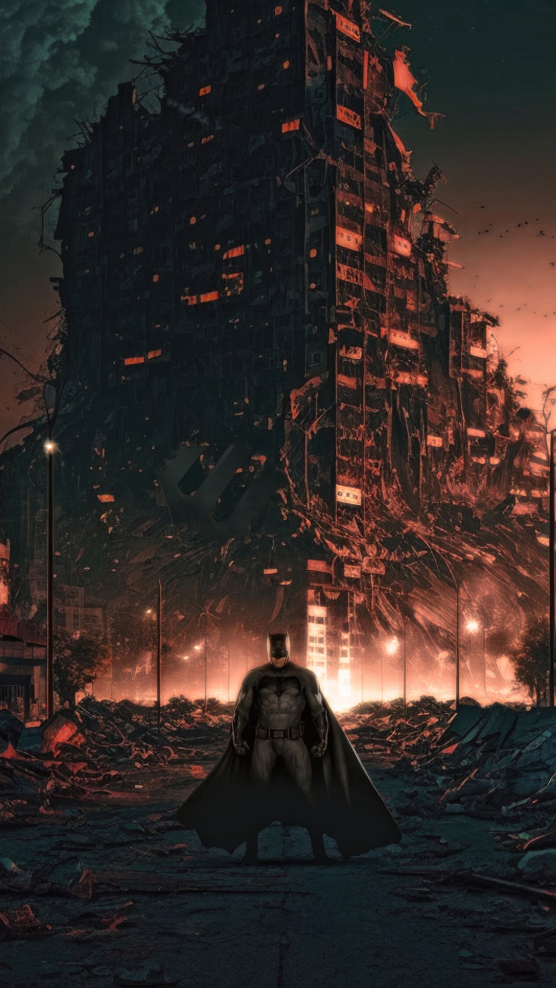 Batman in a ruined city HD Phone Wallpaper