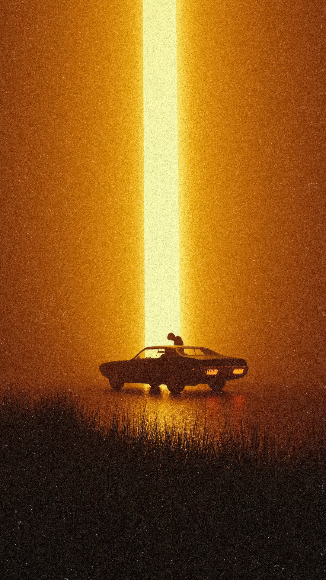 Silhouette of a person on a car under a light beam HD Phone Wallpaper
