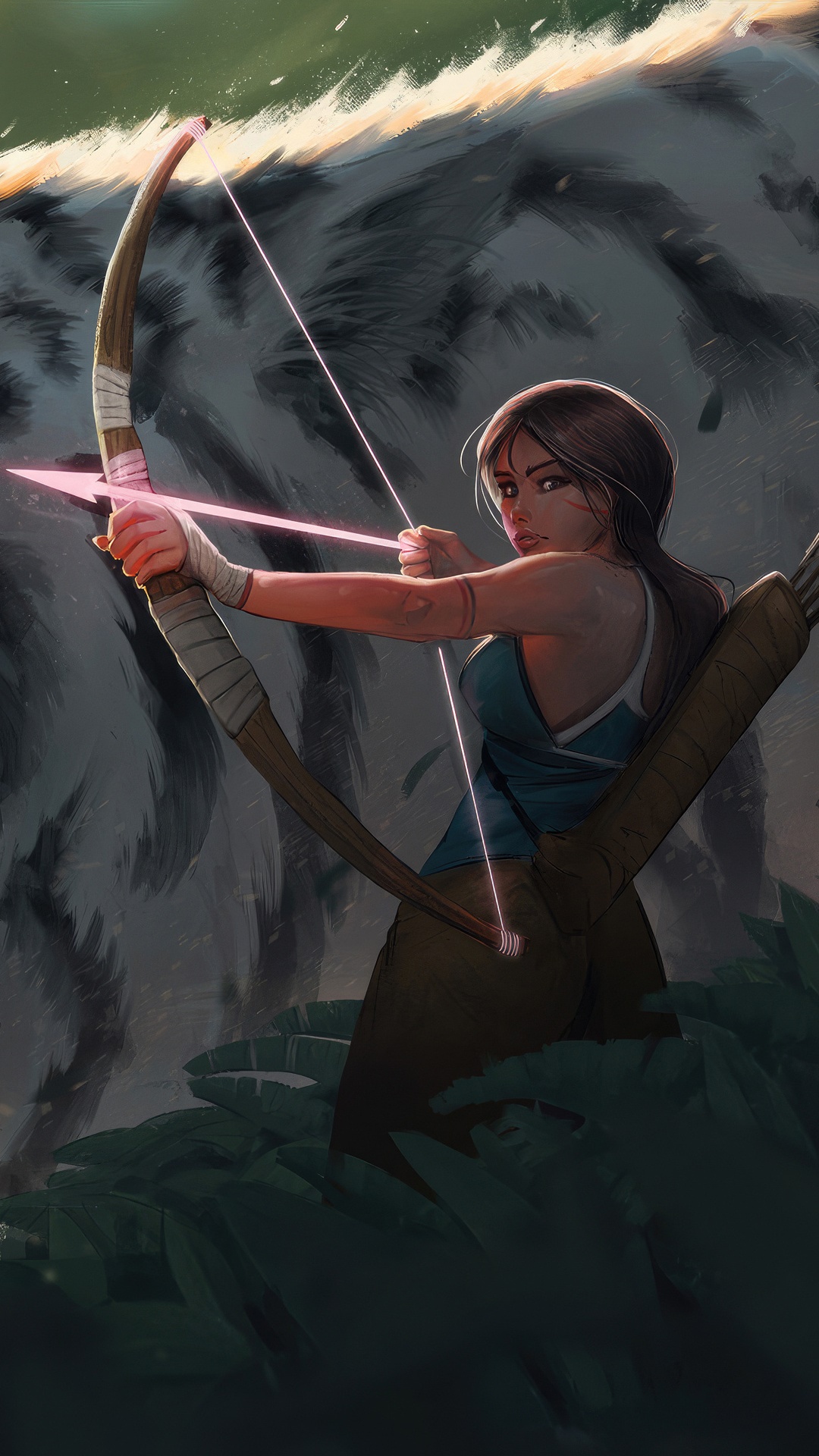 Lara Croft aiming a bow and arrow in a jungle HD Phone Wallpaper