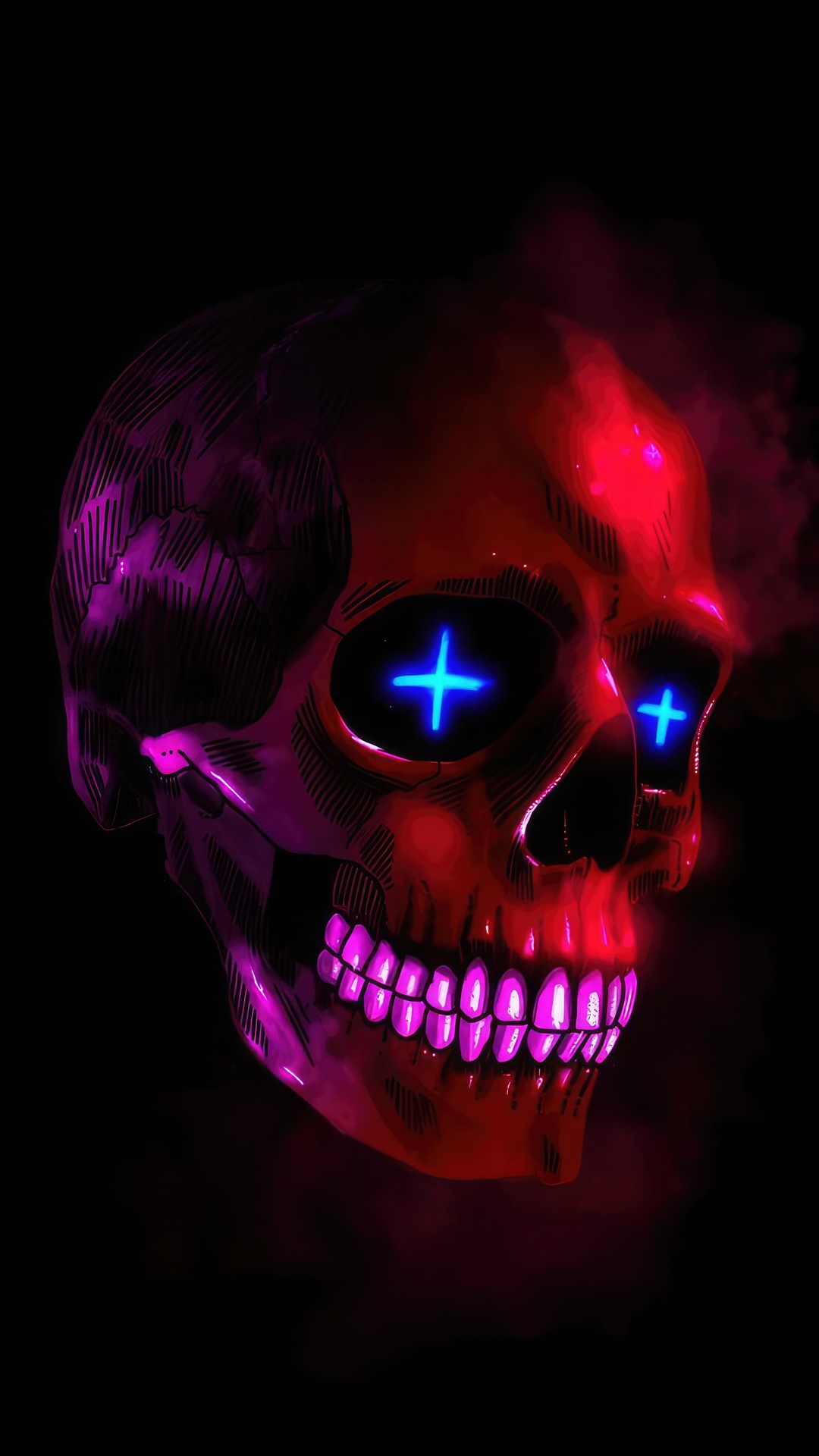 Artwork of a red and purple skull with glowing blue eyes HD Phone Wallpaper