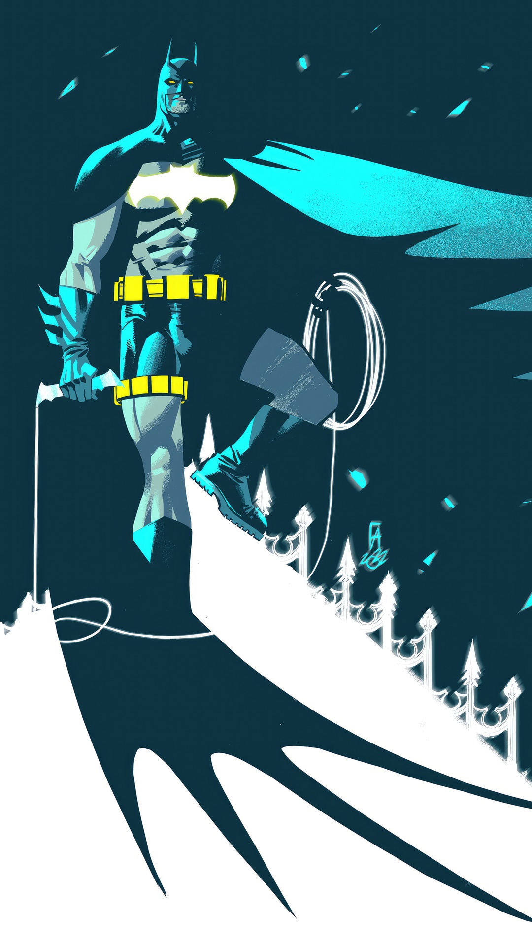 Batman standing on a fence with a Batarang and rope HD Phone Wallpaper