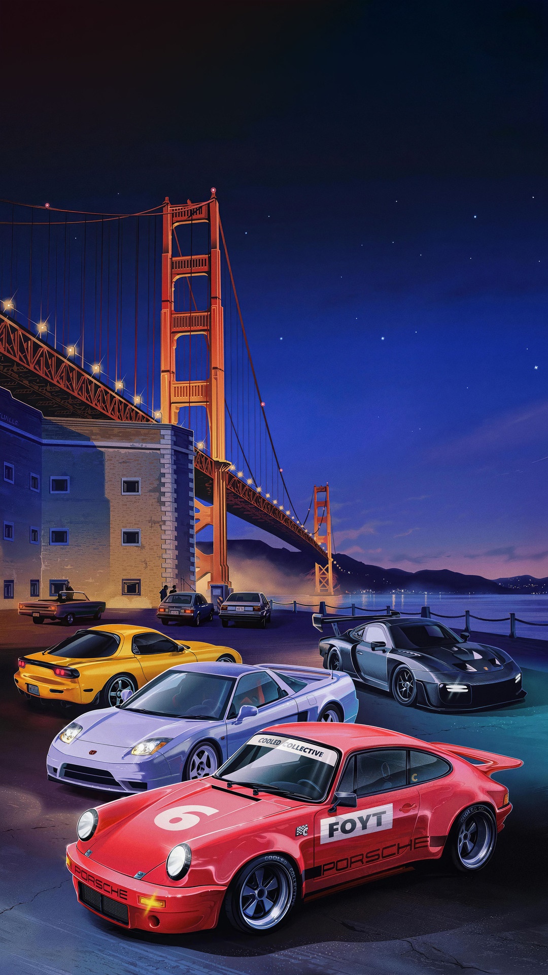 Cars parked near Golden Gate Bridge at night HD Phone Wallpaper