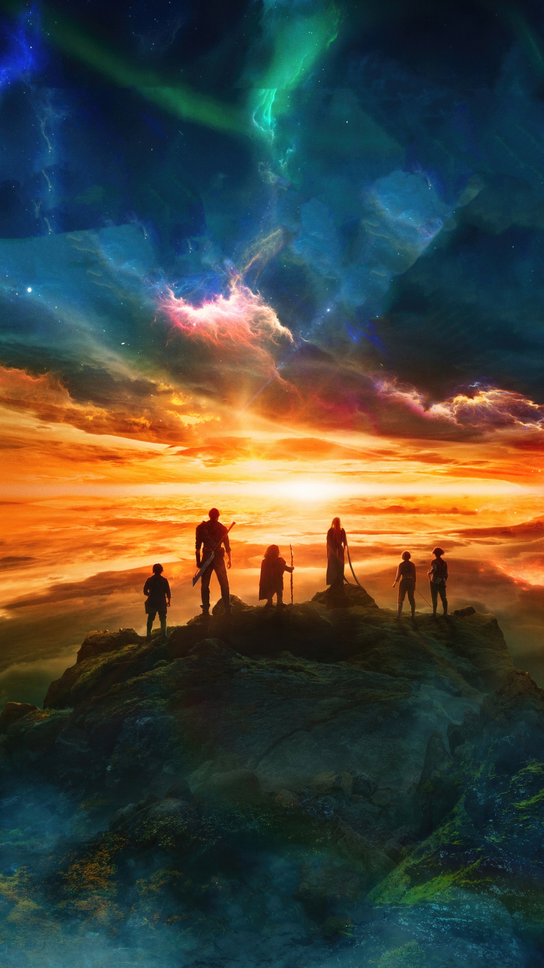 Willow and companions on a rocky outcrop under a nebula HD Phone Wallpaper