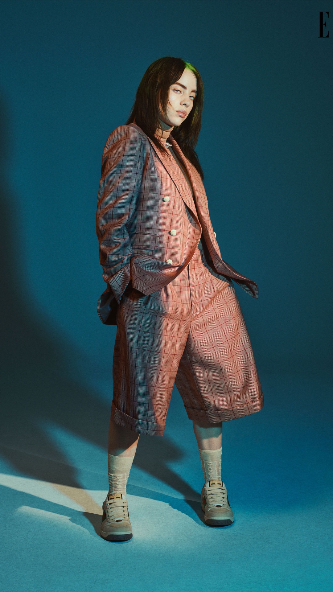 Billie Eilish in a plaid suit HD Phone Wallpaper
