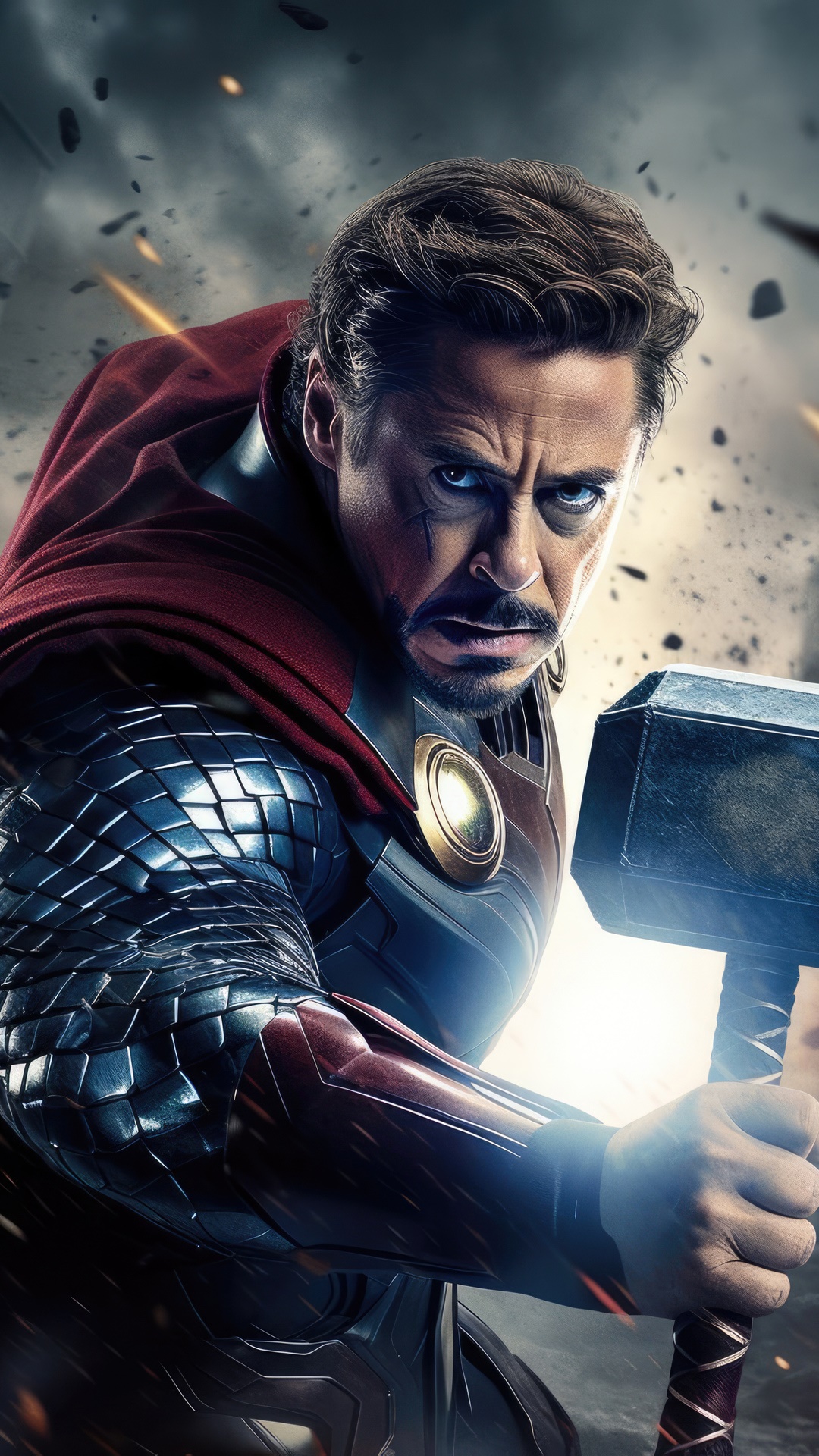 Iron Man as Thor holding Mjolnir HD Phone Wallpaper