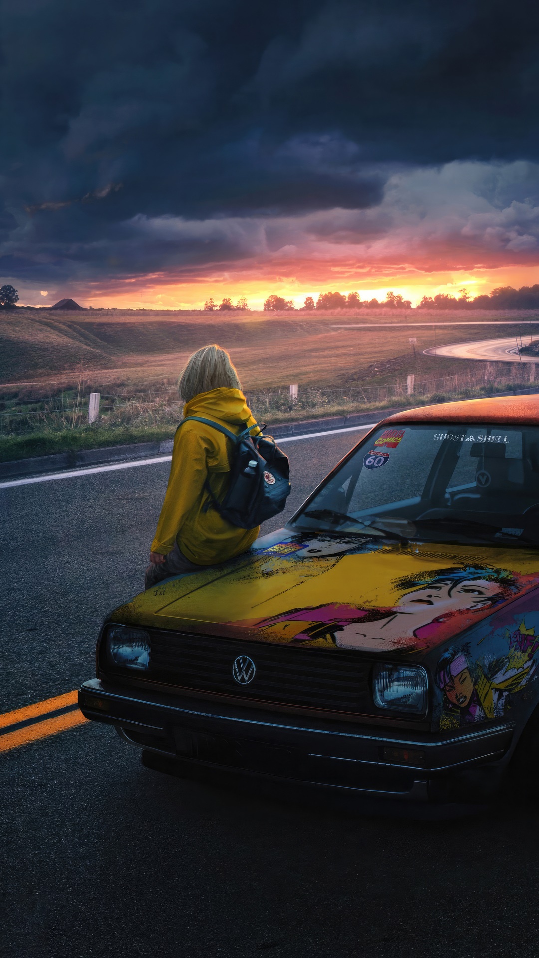 Artwork on a Volkswagen hood with a girl and sunset HD Phone Wallpaper