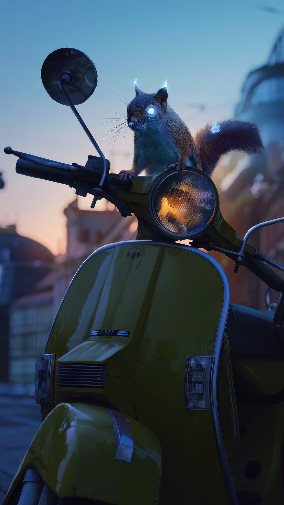 Squirrel with glowing eyes on a yellow scooter HD Phone Wallpaper