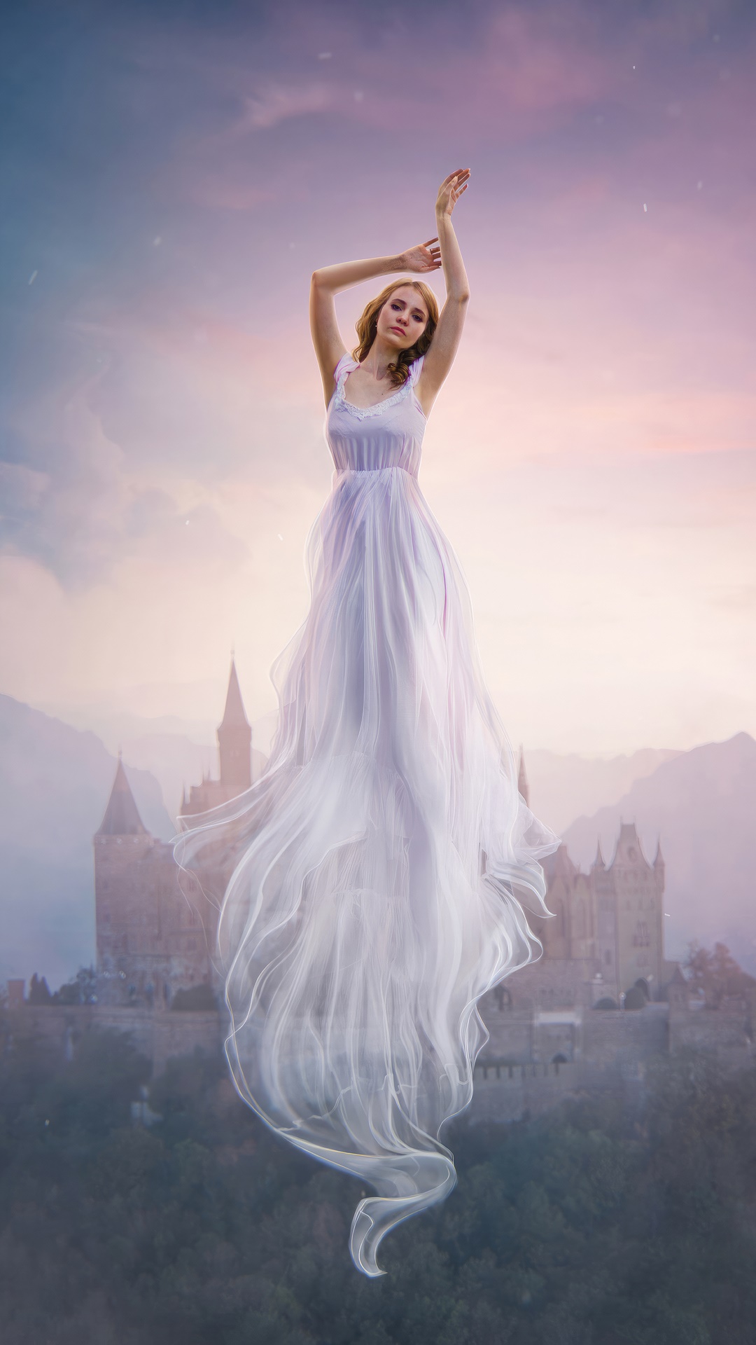 Girl in white dress floating above a castle HD Phone Wallpaper