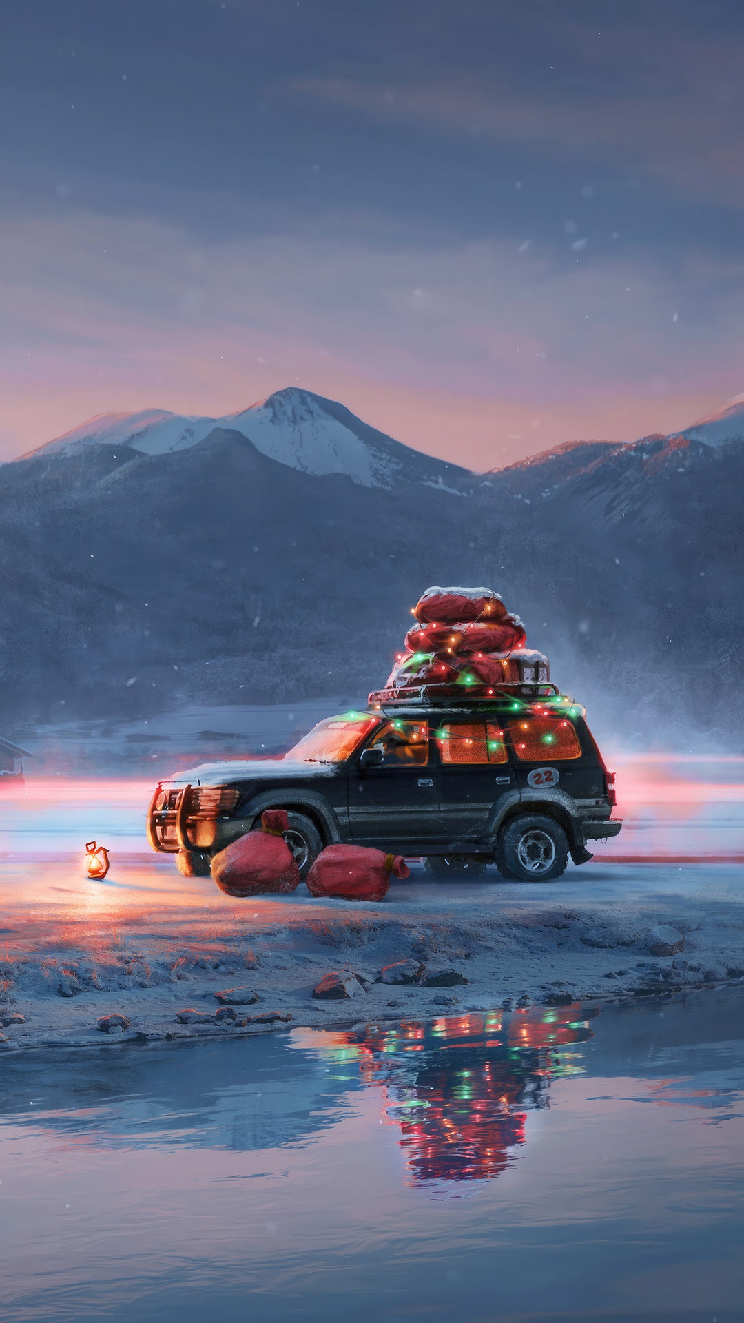 Christmas SUV loaded with gifts in snowy mountains HD Phone Wallpaper