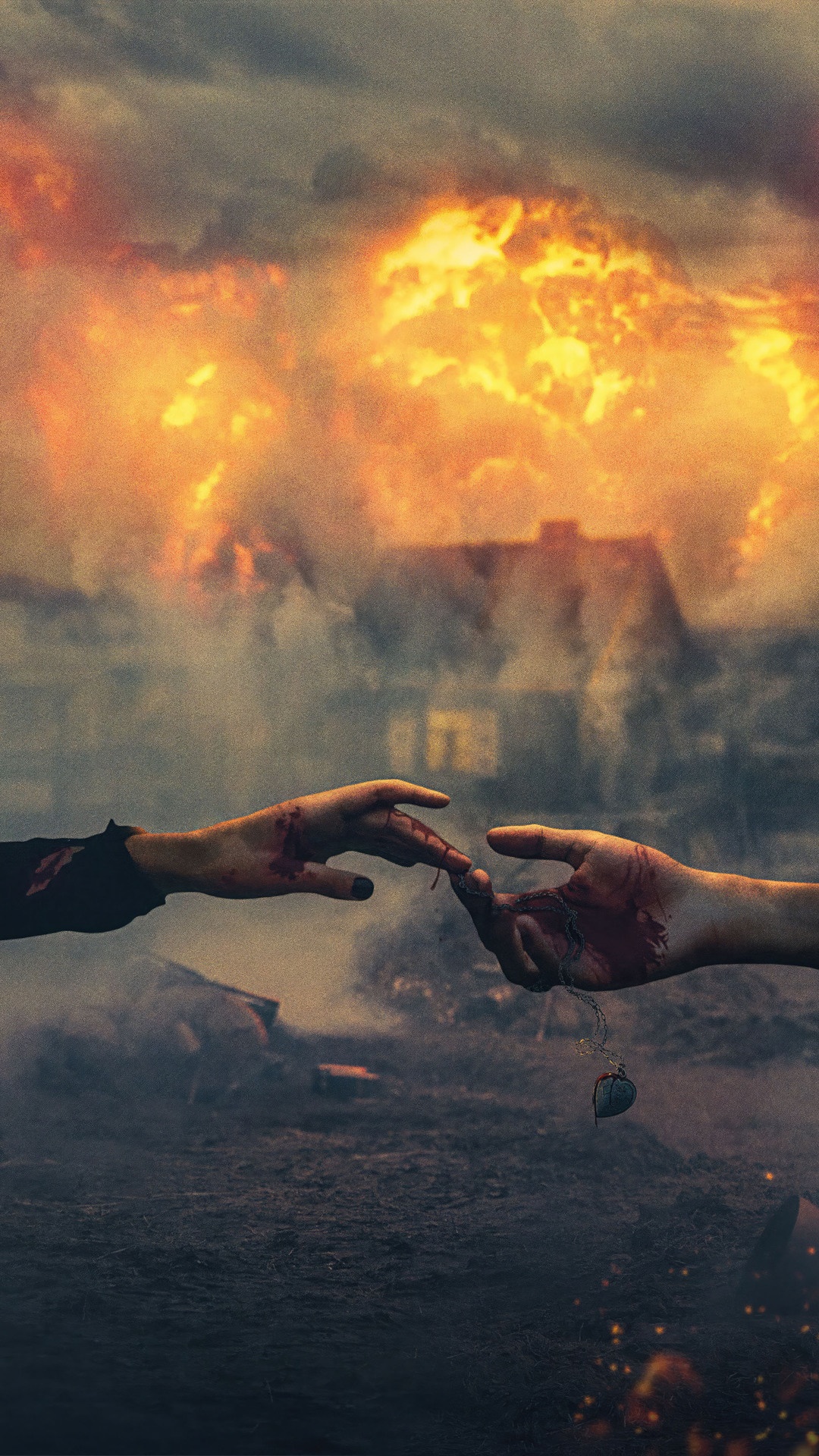 Couple reaching for each other amidst destruction HD Phone Wallpaper