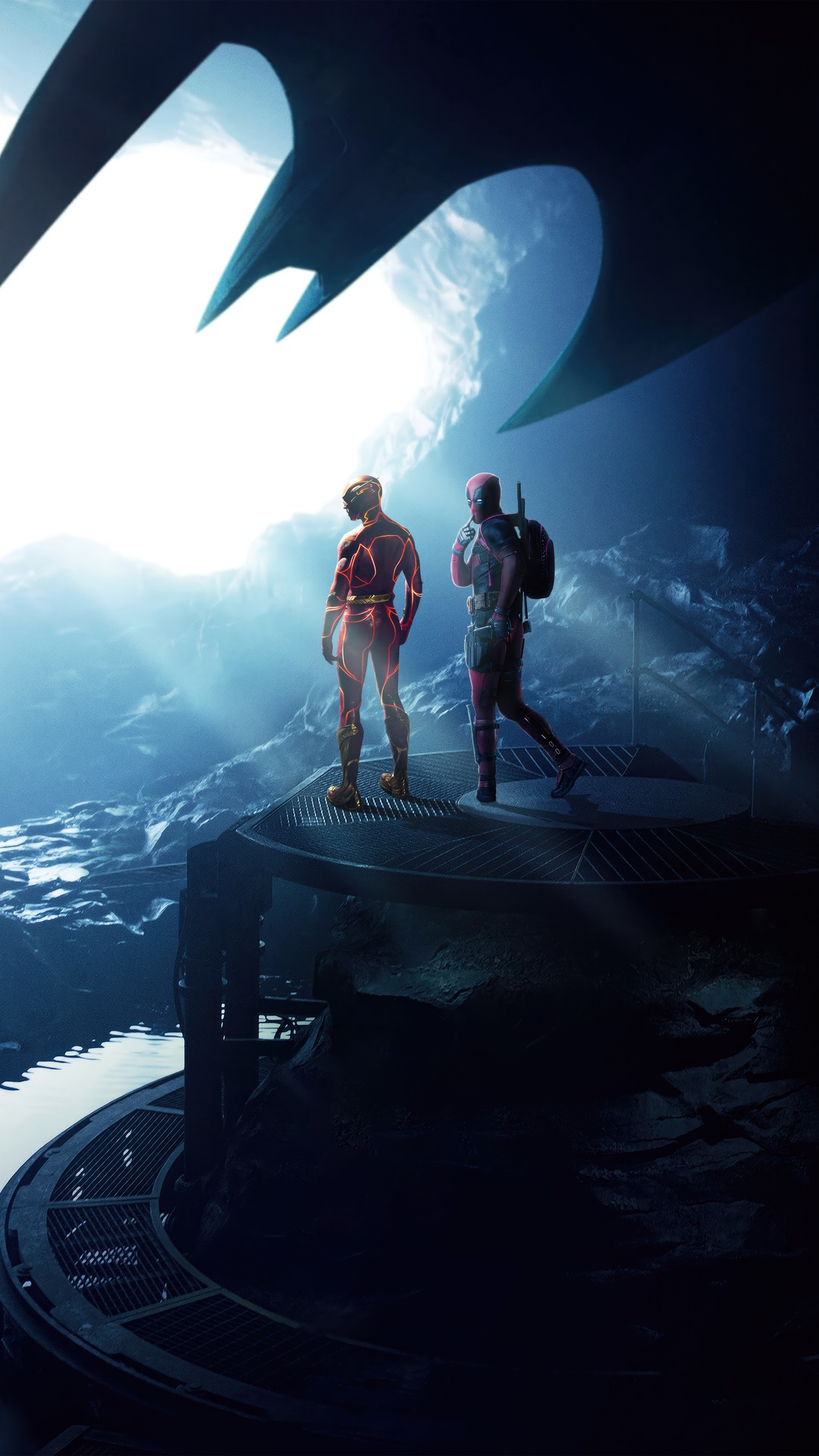 The Flash and Deadpool stand on a platform under a large bat symbol HD Phone Wallpaper