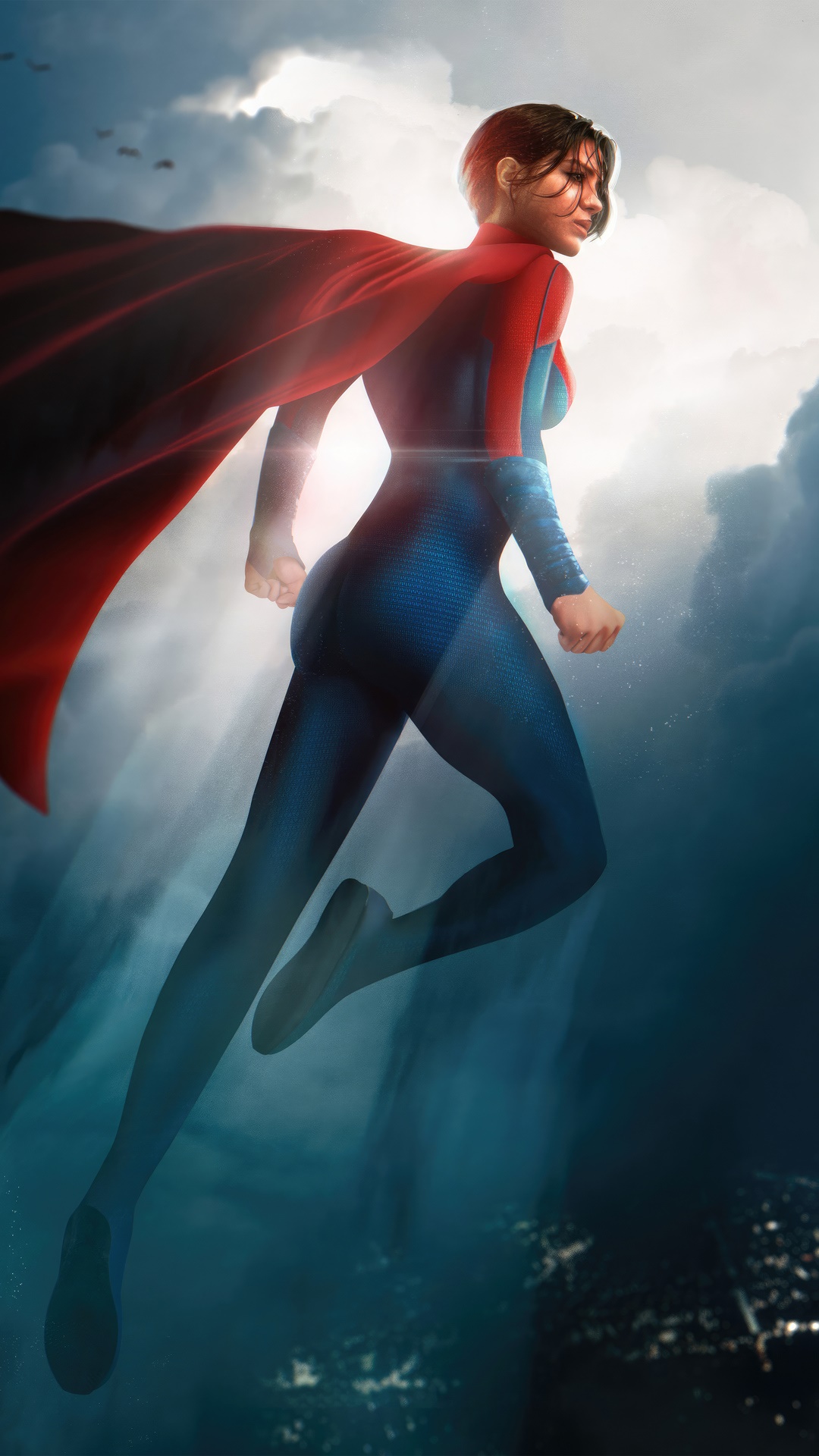 Supergirl flying through clouds over a city HD Phone Wallpaper