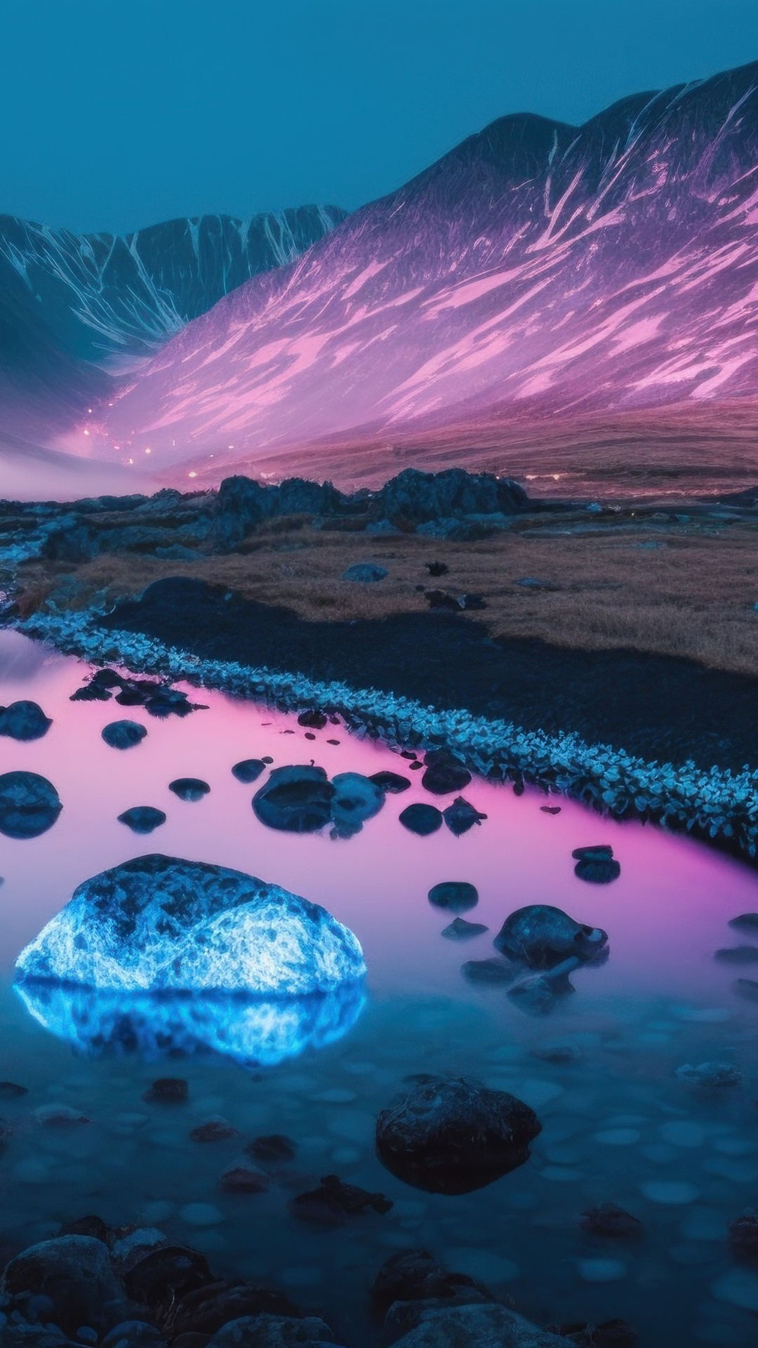 Digital art of mountains and rocks HD Phone Wallpaper